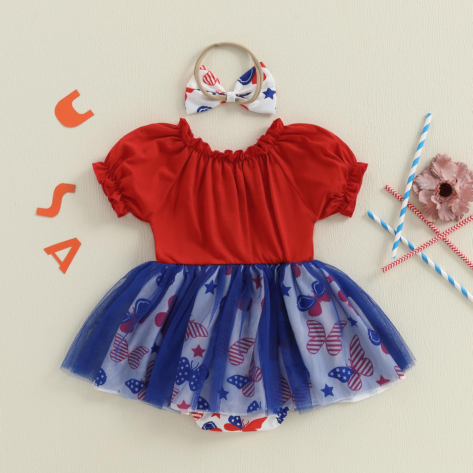GINEVSAL Baby Girl 4th of July Romper Dress Short Sleeve Butterfly Print Embroidery Letter Tulle Bodysuit with Headband Set (Red, 3-6 Months)
