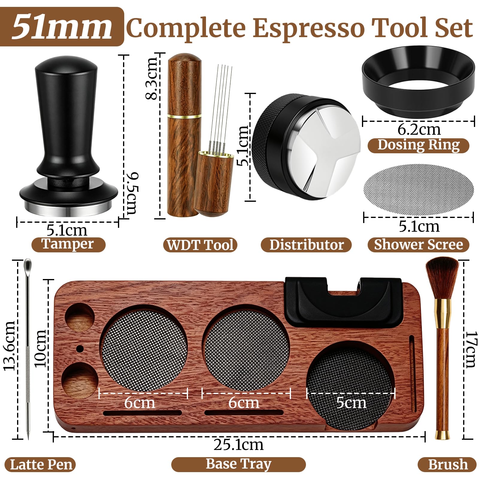 Espresso Zubehör 12er Set, 51mm Kaffee Tamper mit Dosierring,Kaffee-Distributor, WDT Tool, Aufbewahrungsstation, Milchkännchen und Kaffeeschablonen, Komplettes Barista Starter Set für Siebträger