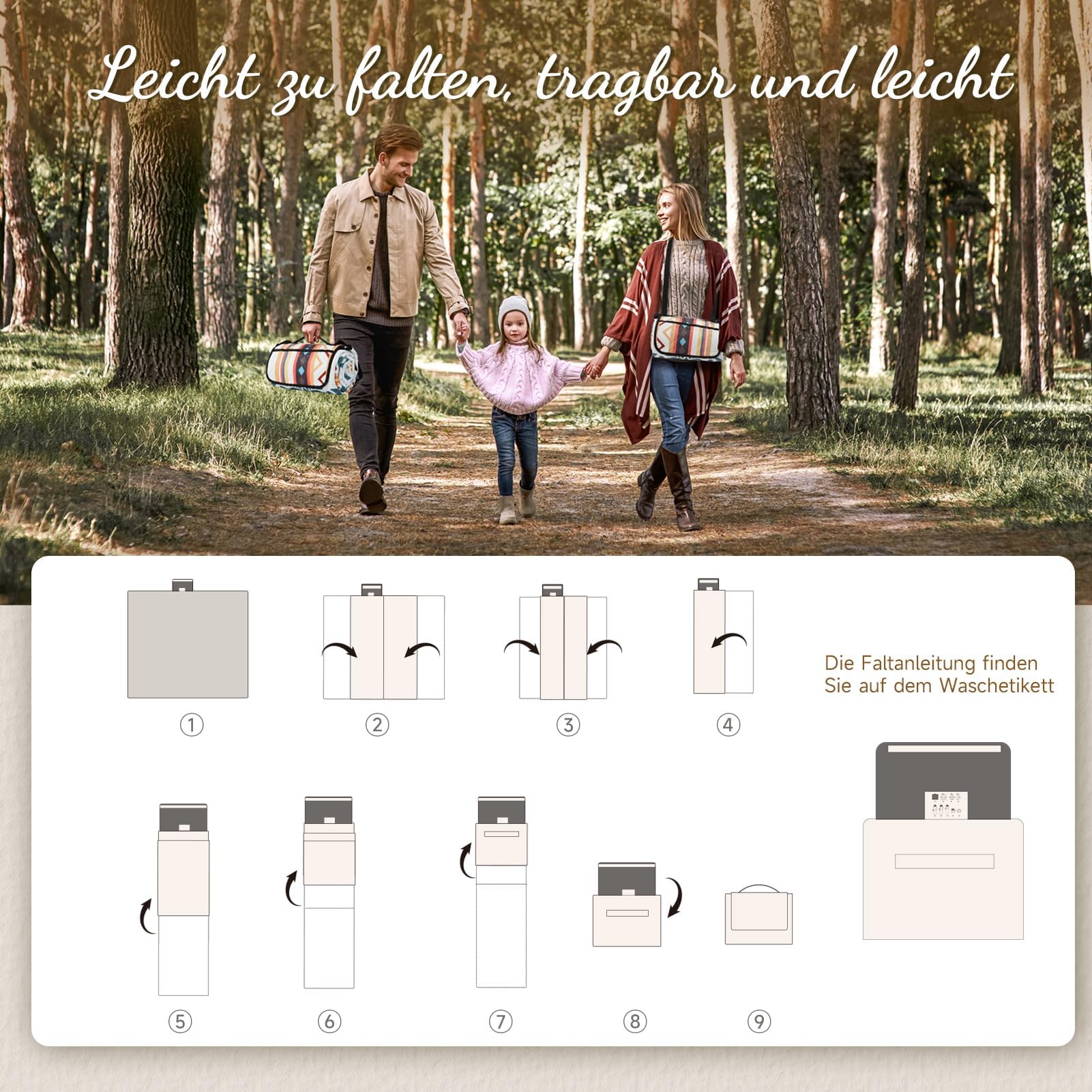 HAUSPROFI Picknickdecke Boho 200x200 cm, wasserdicht & isoliert - Outdoor Decke für Picknick, Strand, Camping, mit Baumwolle gepolstert, inkl. Tragegriff & Heringe, Tragbar, Waschbar & formstabil