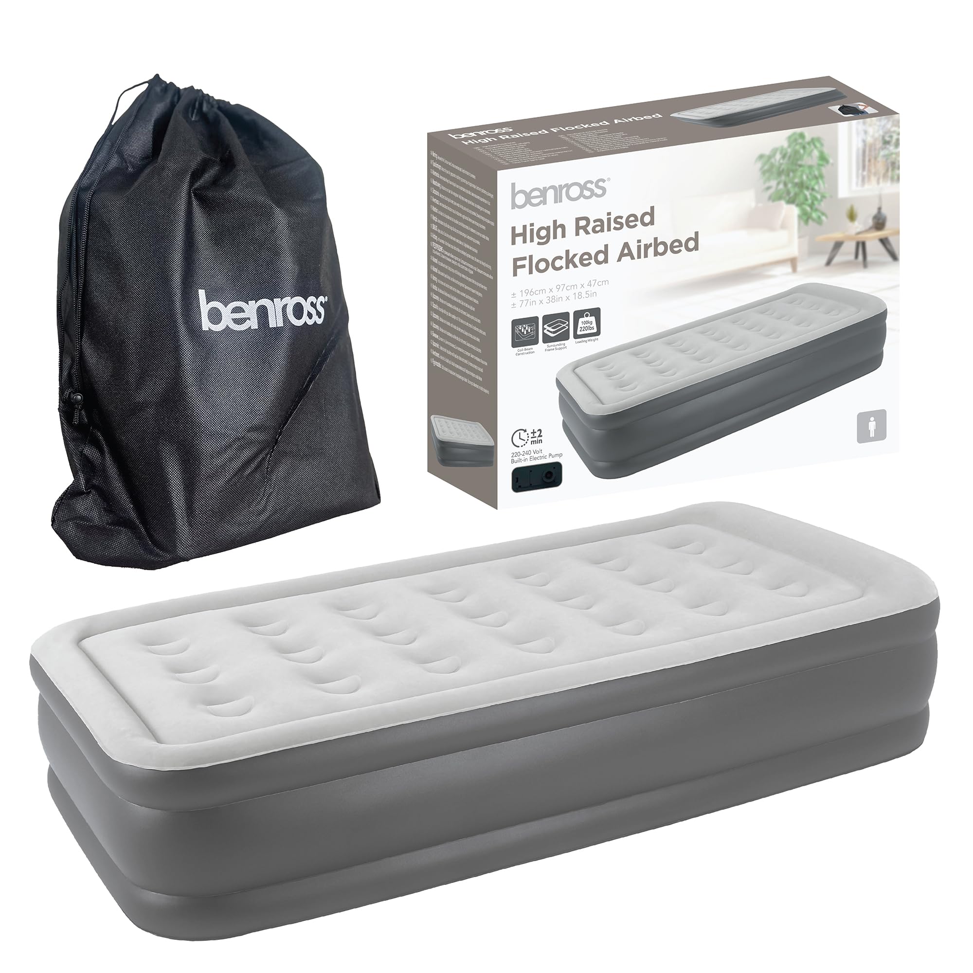 Benross 88089 Single Airbed/Inflatable Air bed Mattress with Built-In Electric Pump/Comfortable Flocked Surface/Carry Bag & Repair Patch Included/For Camping or Home / 2m x 1m / Grey