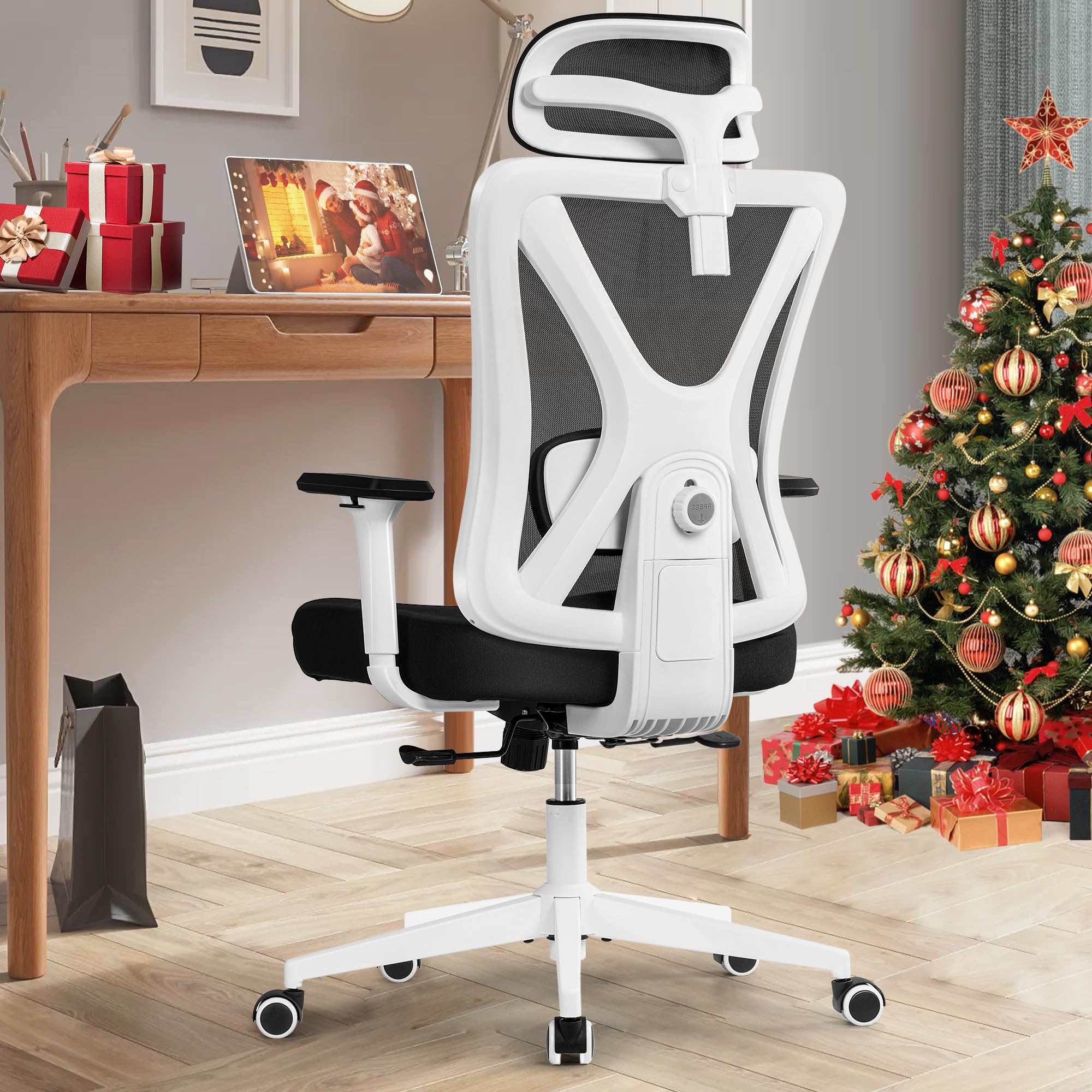 DoChair Silla Oficina Ergonómica, Silla Escritorio de Malla con Soporte Lumbar y reposabrazos Ajustables, Silla Giratoria Ejecutiva con Respaldo Alto y Cómodo para la Oficina en Casa Blanco