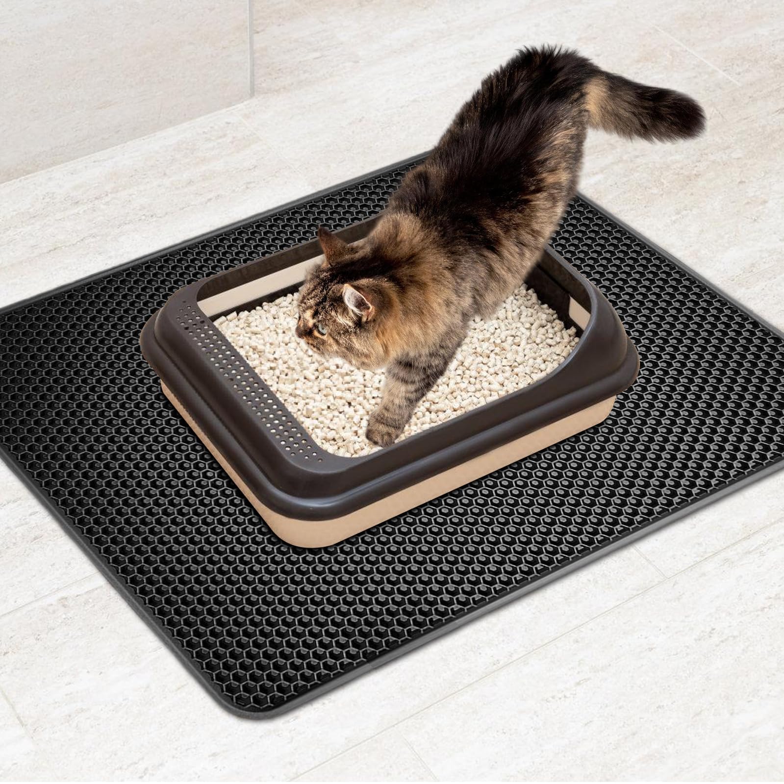 Tapis de litière pour chat 90 x 60 cm - Double couche - Grand tapis de litière pour chat - Imperméable et antidérapant - Design nid d'abeille - En EVA - Noir