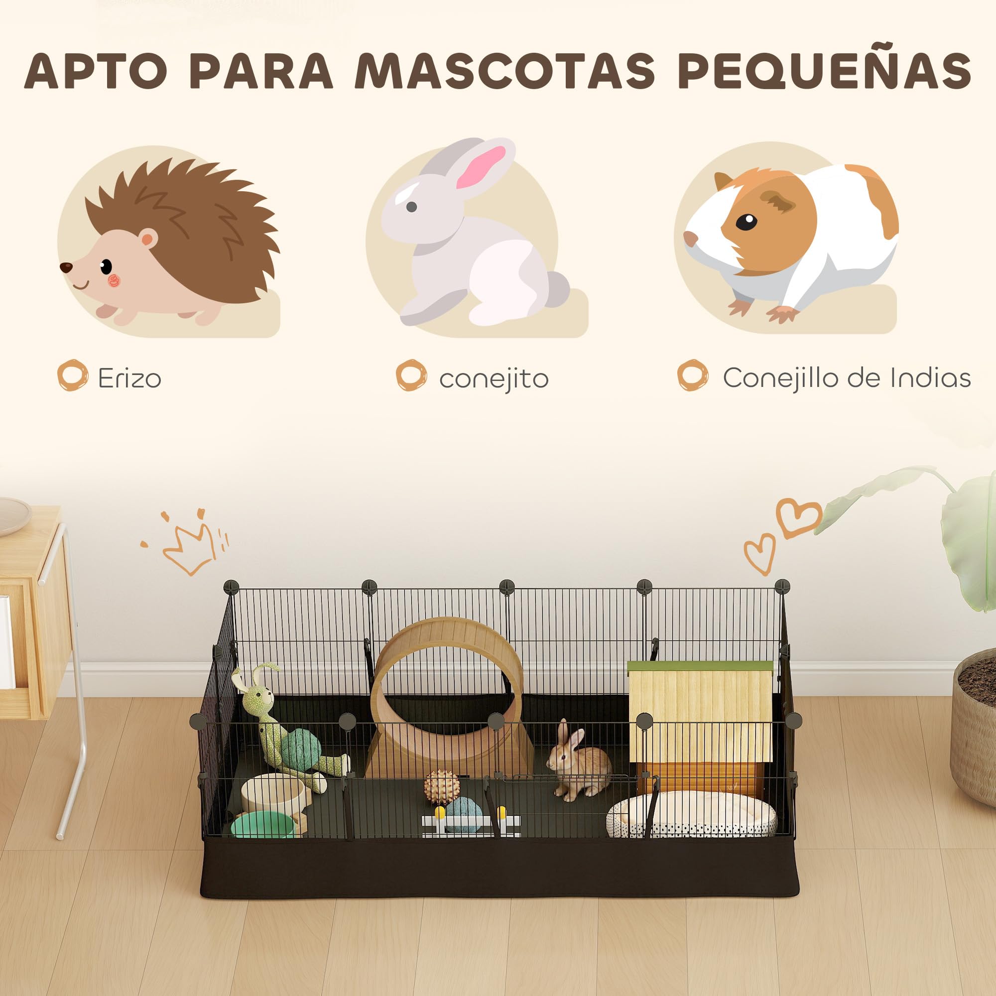 PawHut Valla Metálica para Mascotas de 12 Paneles, Jaula para Animales Pequeños, Forma Personalizable, Alfombrilla Impermeable, Parque para Cobayas, Erizos, 120x60x40 cm, Negro