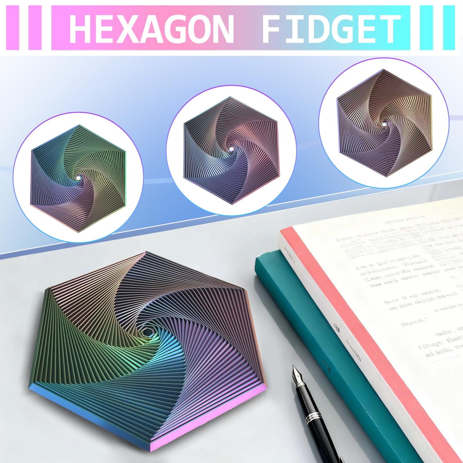 Fraktal-Fidget-Sechskant – geeignet zum Abbau von Stress, Angst und Verspannungen, Autismus, ADHS, Schreibtisch für Erwachsene, zappelndes Stressabbau-Geschenk (Blau, Grün, Rot, Gelb, 35 Ringe)