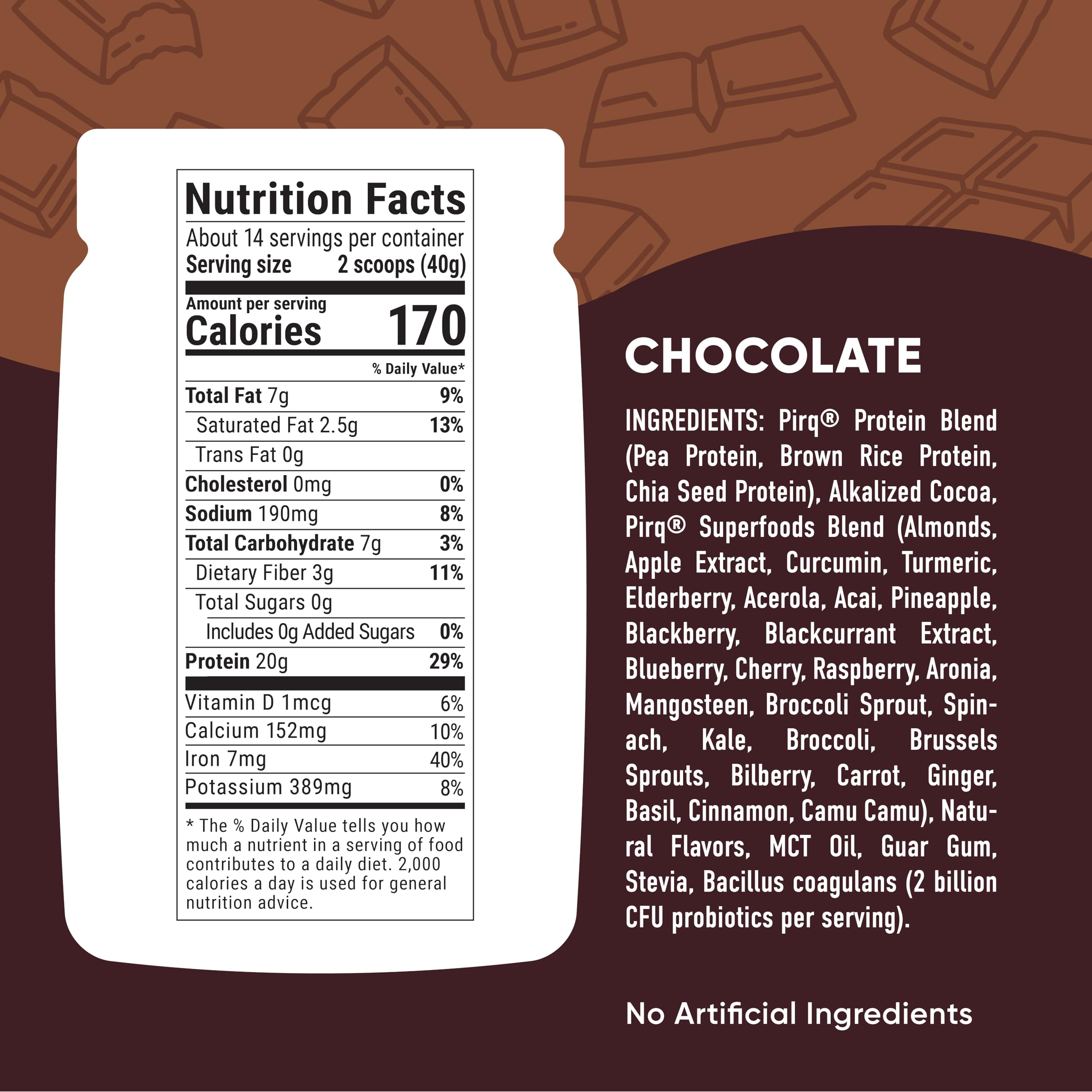 Pirq Dairy Free Protein Powder with 20g Protein, 2B CFU Probiotics, 25 Superfoods Greens and Fruits, Vegan, 0g Sugar (14 Servings) (Chocolate)