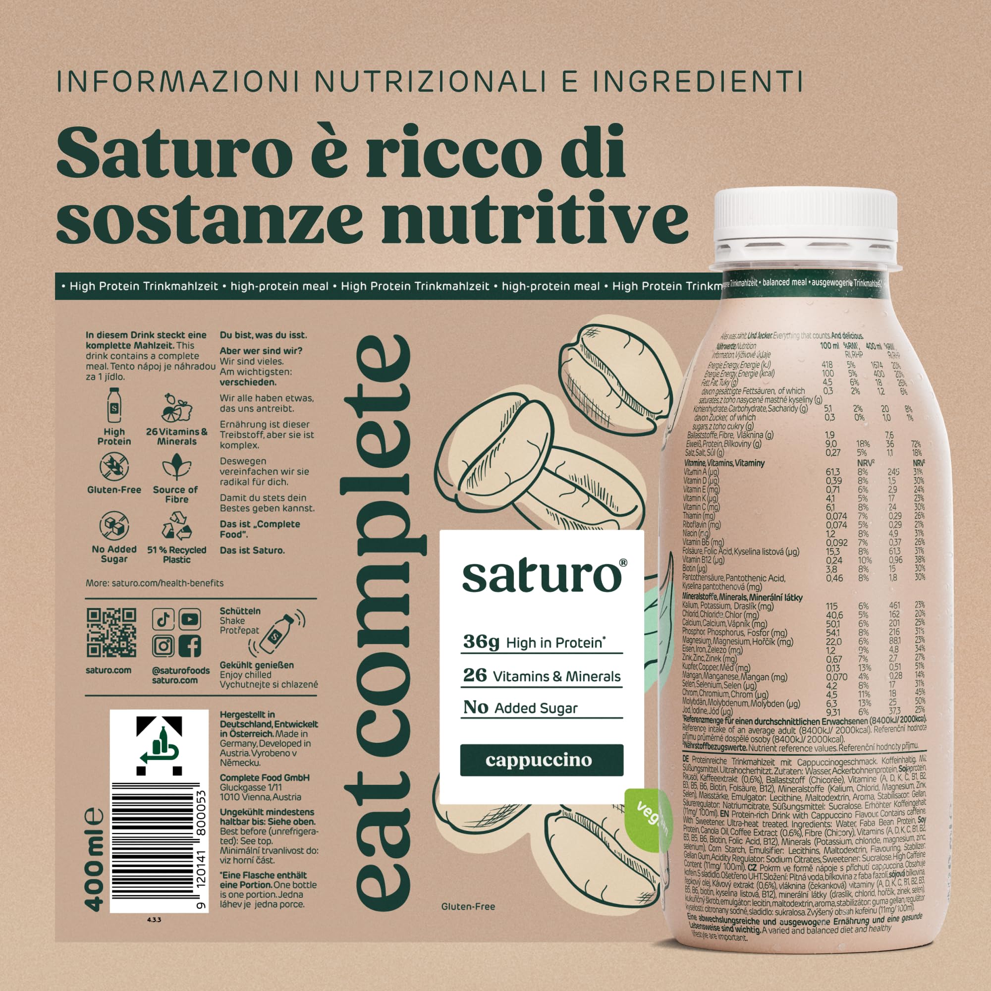 Saturo Pasto Sostitutivo Frullato Gusto Cappuccino | 36 g di proteine & senza zucchero | 400 kcal | Vegano | Pasto Bevibile con Nutrienti Essenziali | 6 x 400 ml