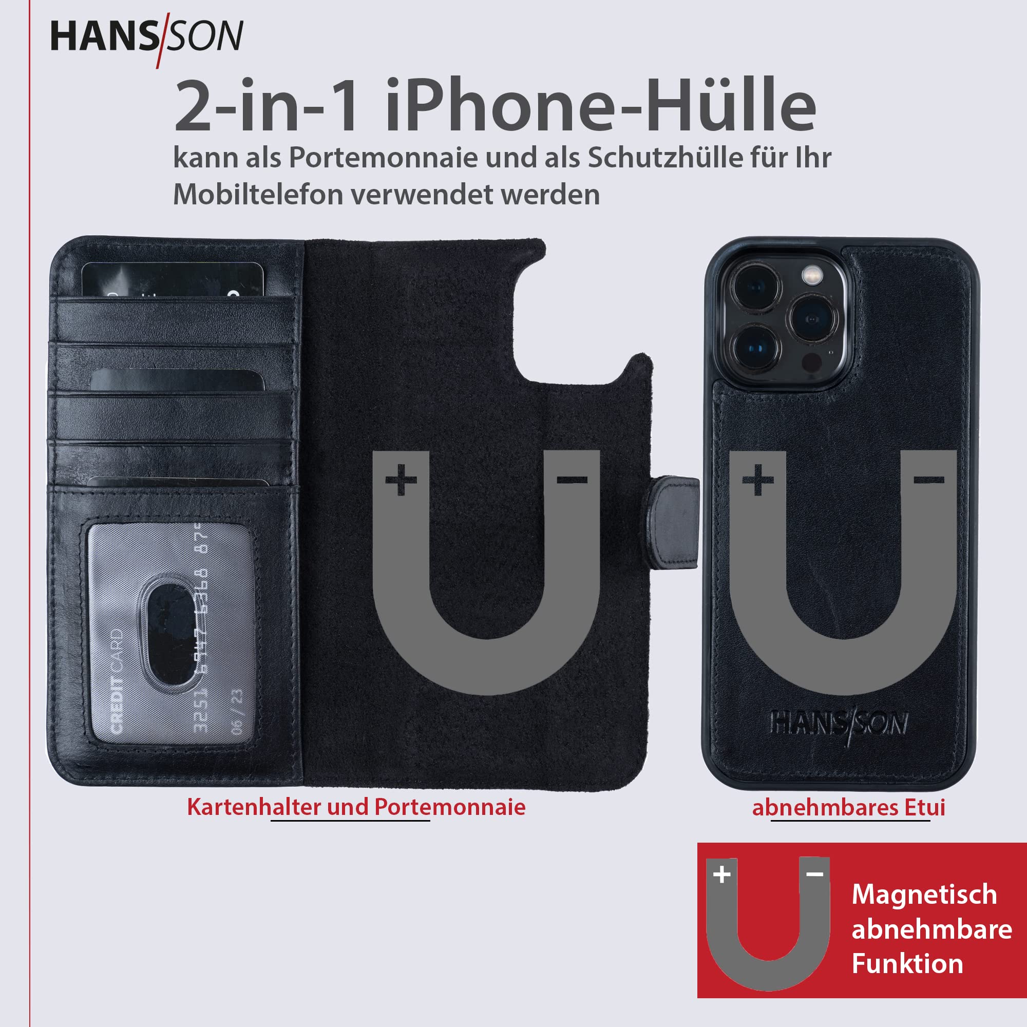 HANS/SON Custodia in vera pelle per iPhone 12 Pro Max, con chiusura magnetica, carte di credito e scomparto rimovibile (nero)