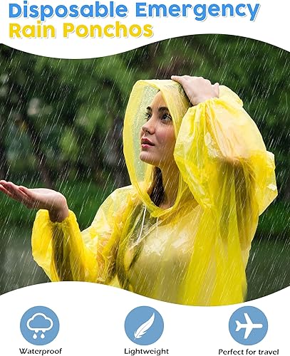Miniatura 4 de Jiuguva Paquete de 48 ponchos desechables para la familia, capa gruesa de lluvia de emergencia con capucha con cordón para niños y adultos,