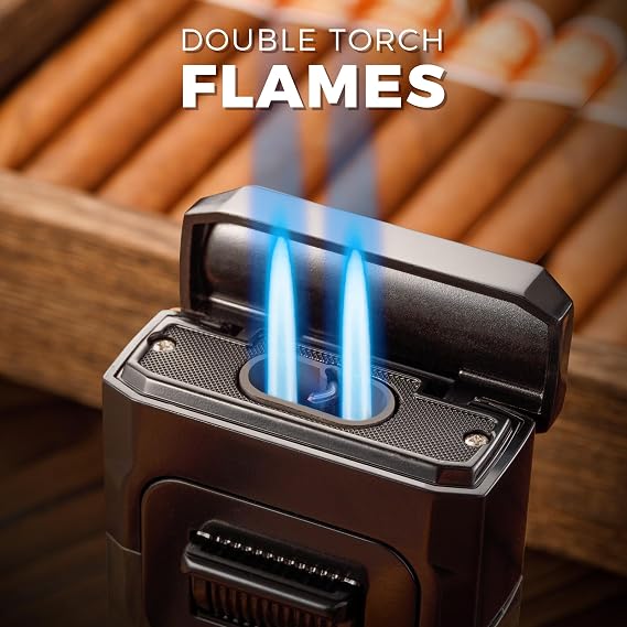Woodronic Cigar Lighter with V-Cut Cigar Cutter and Cigar Holder, Refillable Dual Jet Lighter Without Butane, Lightweight and Windproof, Cigar Gift for Men, Black