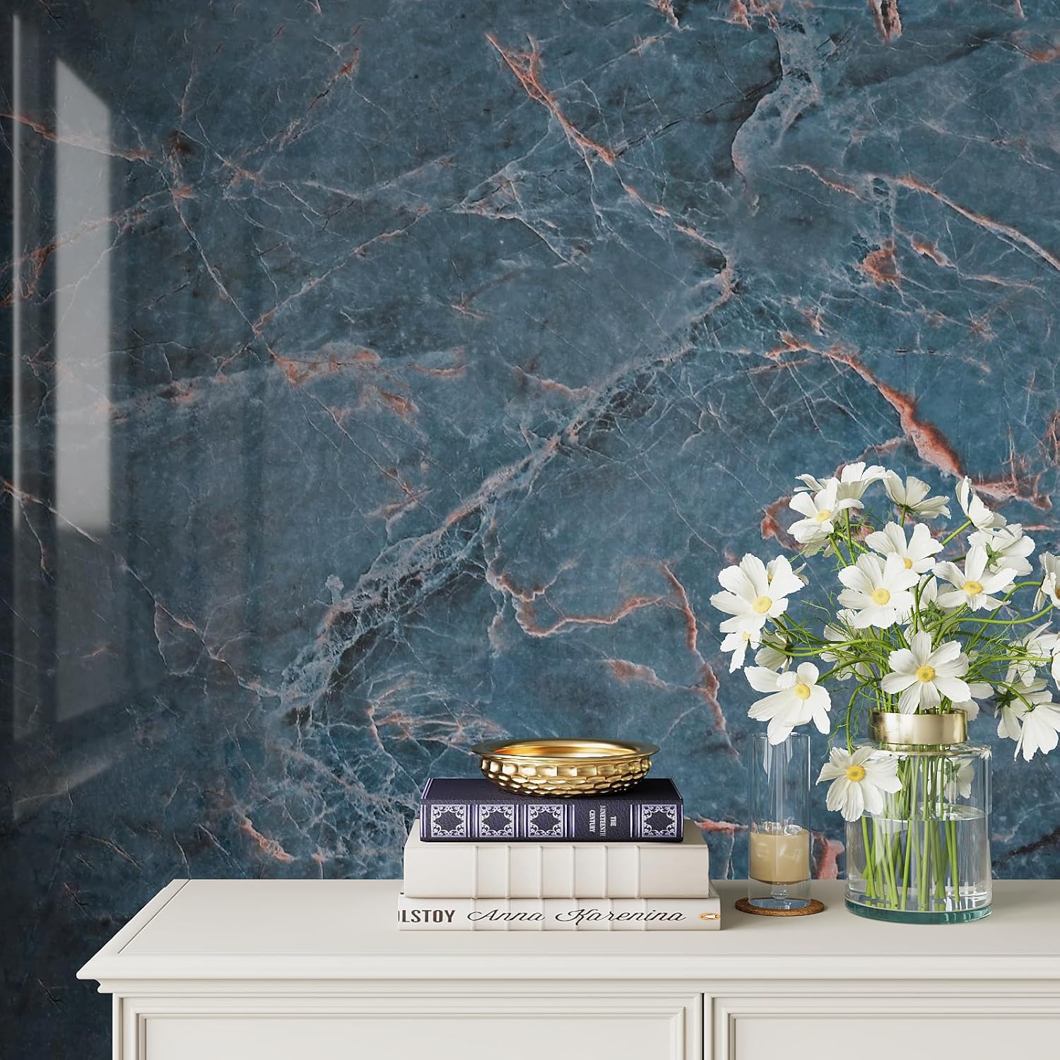VEELIKE Glossy Slate Blue Marble Contact Paper for Countertops Peel and Stick Waterproof Kitchen Countertop Contact Paper 15.7''x354'' Thick Blue Marble Wallpaper Self Adhesive Vinyl Counter Top Wrap