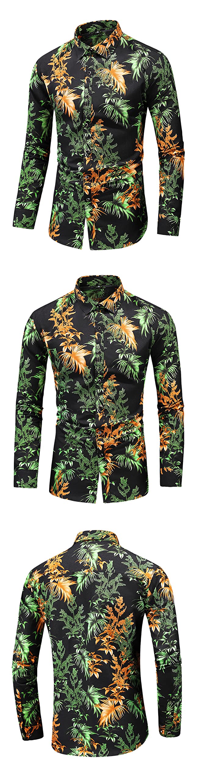 HGJH Hawaii Hemd, Herrenhemd Langarm Grün Gelb Blätterdruck Hawaiihemd Kubakragen Schwarz Langarm Button Down Weiches Strandhemd Henley Shirt Für Herren Jungen