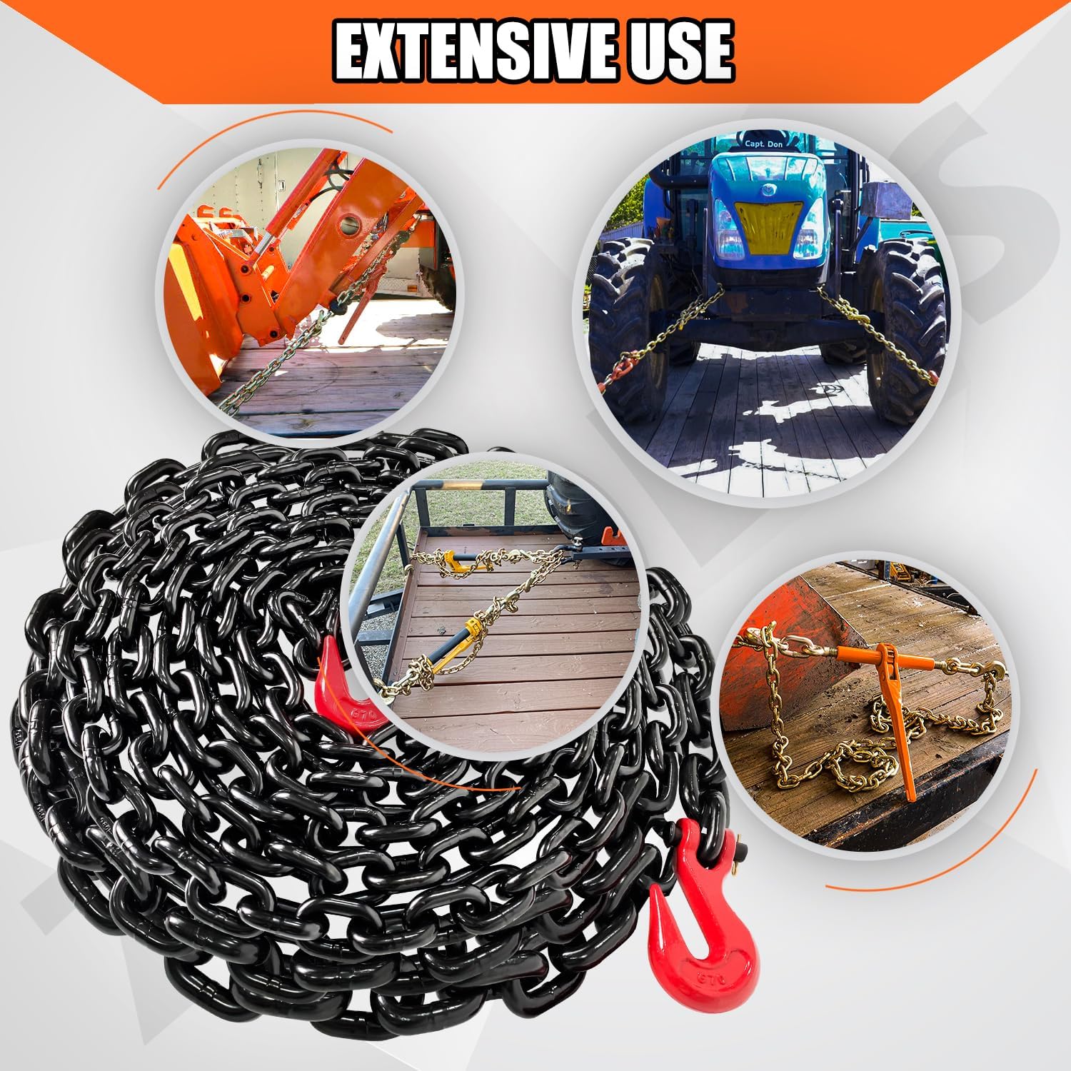 YATOINTO 3/8'' Chain G80 Trailer Tow Chain 25ft, 7,100 lb WLL, Red Clevis Grab Hooks, EP Black Finish, Logging Chain for Towing & Trailer Tie-Down
