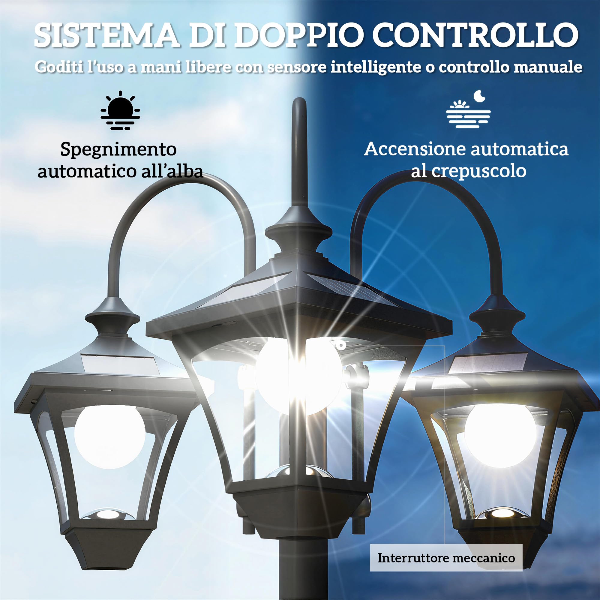 Outsunny Lampione da Giardino Solare a 3 Teste 1.85 m Altezza Regolabile | Lampada da Giardino in Acciaio Inox, Accensione/Spegnimento Automatico, Impermeabile, per Esterno Patio Cortile
