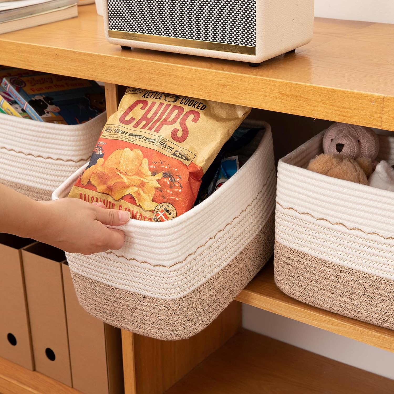 4 Pack Storage Baskets for Organizing, 13"X9"X7.87", Decorative Cotton Rope Baskets for Shelves, Small Woven Basket for Toys, Books and Towels, Brown & White