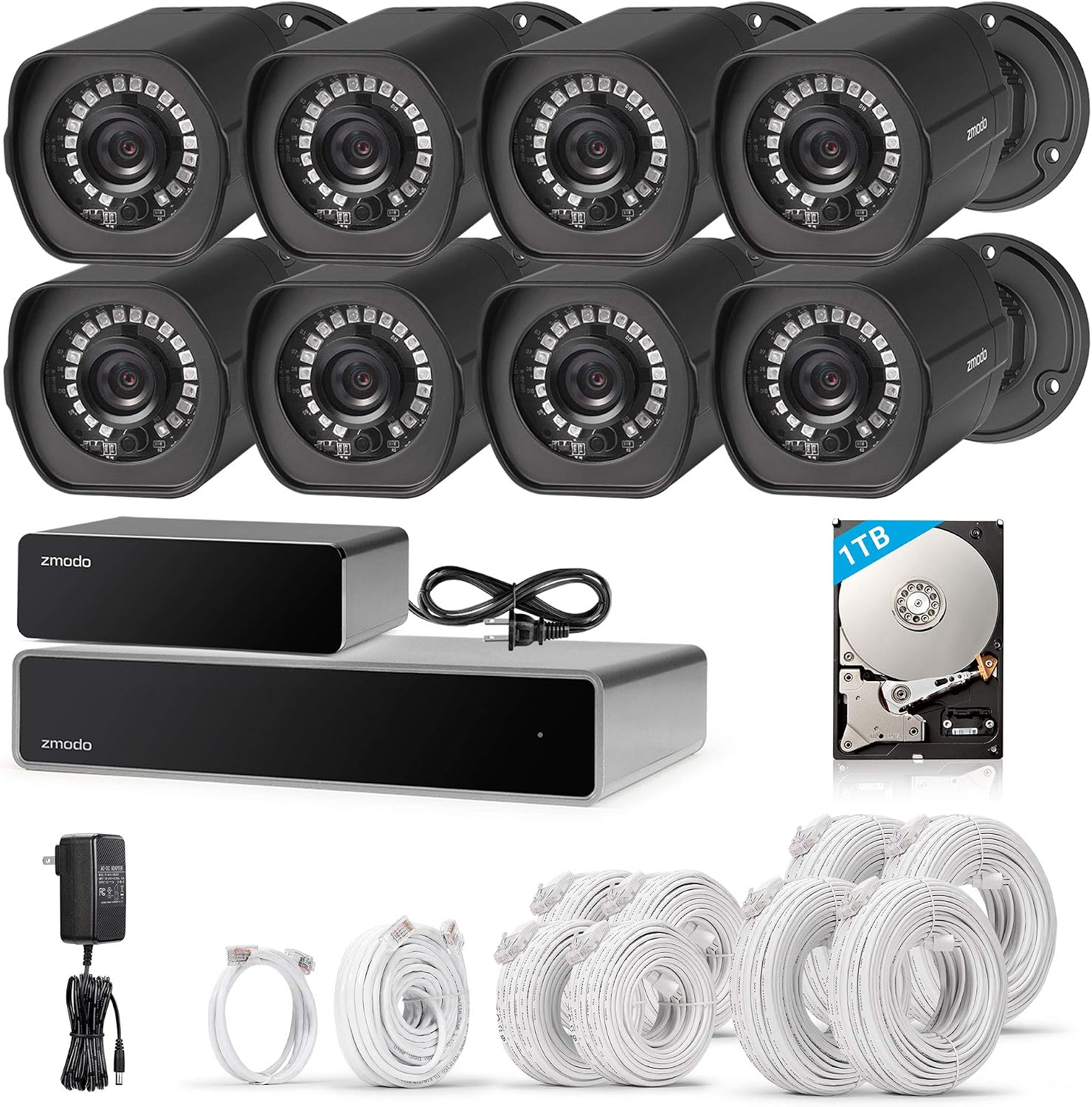 Zmodo Full HD 1080p Simplified PoE Security Camera System w/Repeater, 8 x 2.0 Megapixel IP Outdoor Surveillance Camera, 8CH HDMI NVR and 1TB Hard Drive
