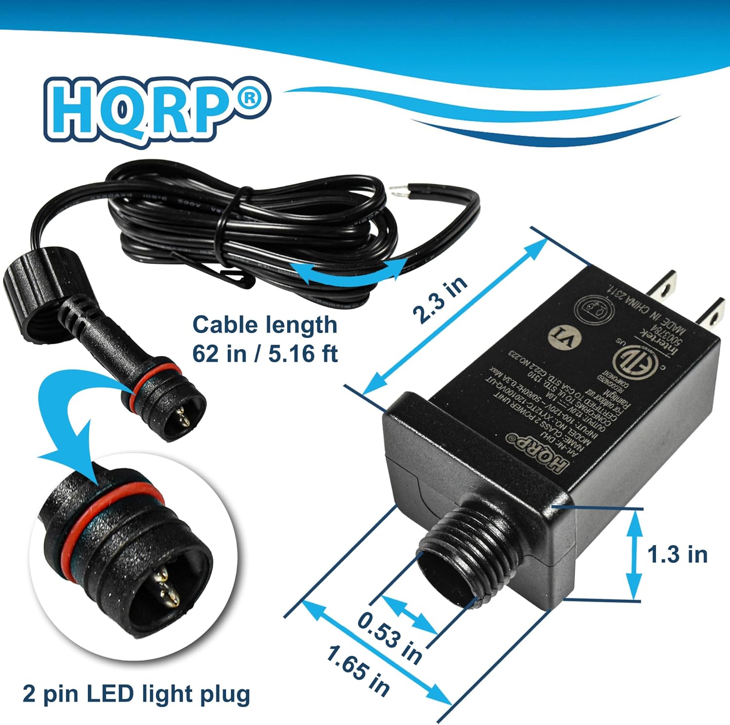 HQRP 12V 1A 12W Class 2 Power Supply with Extension Cord, IP44 Raintight Low-Voltage LED Transformer Replacement for Christmas Tree, String Light, Fountain Lights, Inflatable Decorations, ETL Listed