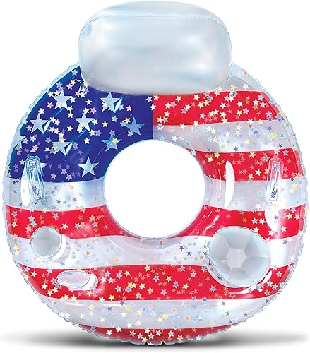 Miniatura 10 de POZA Flotador inflable de piscina de Estados Unidos – Lujosa tumbona divertida llena de confeti de estrellas plateadas brillantes, diseño de bandera