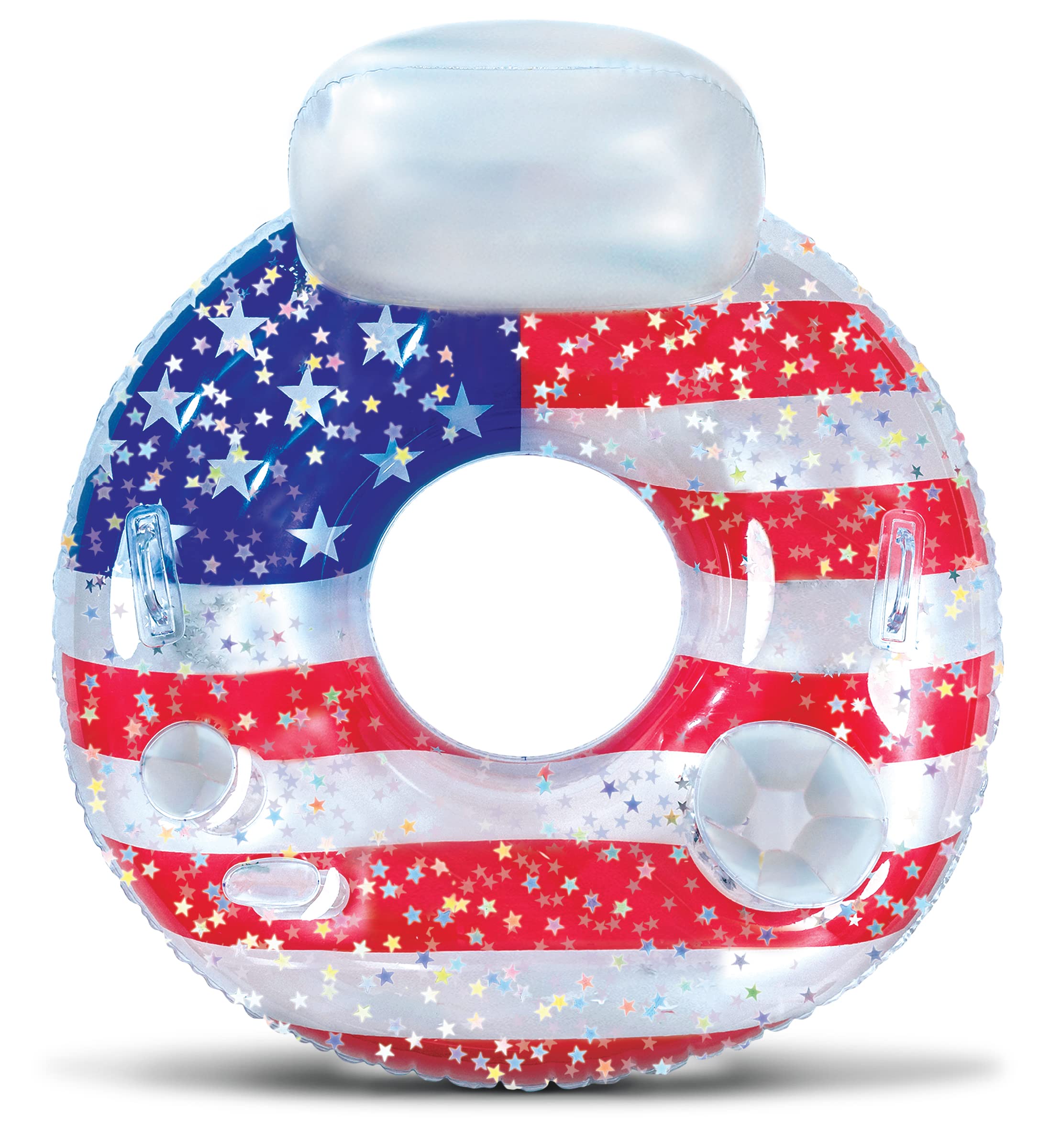 POZA Inflatable USA Pool Float - Luxurious Fun Lounger Filled with Sparkle Silver Stars Confetti, Cool USA Flag Design Water Swimming Pool Floaties for Beach, Lake & Pool