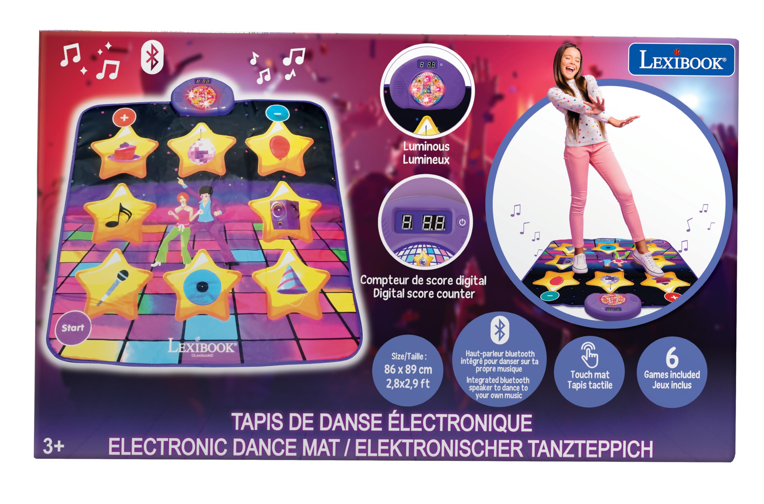 Lexibook, Elektronische Tanzmatte, beleuchtete Tasten, integrierter Lautsprecher, lila/gelb, DM10LXB
