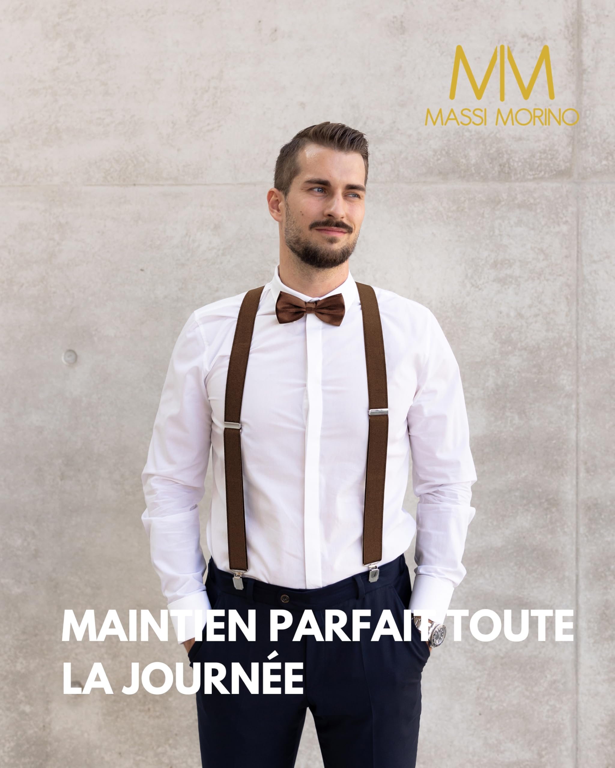 Massi Morino Bretelles avec noeud papillon Set pour hommes et femmes I Bretelles en Y élastiques avec clips extra forts - 3,5cm de large - longueur réglable I Cravate pré-attachée pour costume