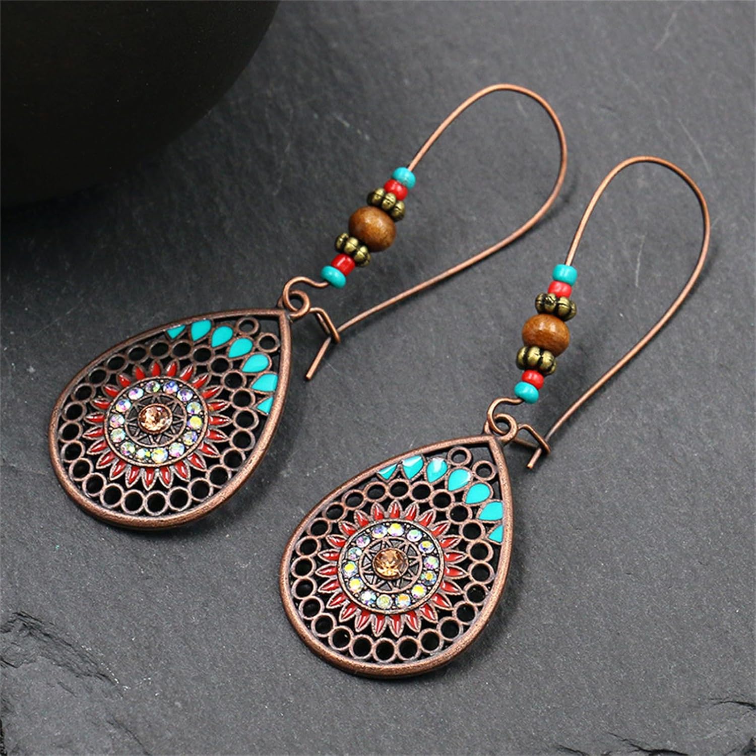 Bohemian Turquoise Earrings Ethnic Tibetan Engraved Flower Pattern Round Geometric Dangle Drop Statement Earrings for Women Handmade Trendy Boho Vintage Jewelry (Teardrop Turquoise) - Image 5