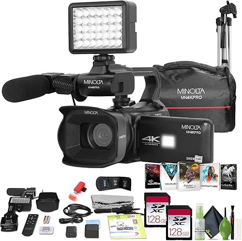 Minolta MN4KPRO 4K60FPS UHD 64 MP Autofocus Pro Kit de videocámara con paquete WiFi con 2 tarjetas de memoria de 128 GB + trípode de cámara de 72