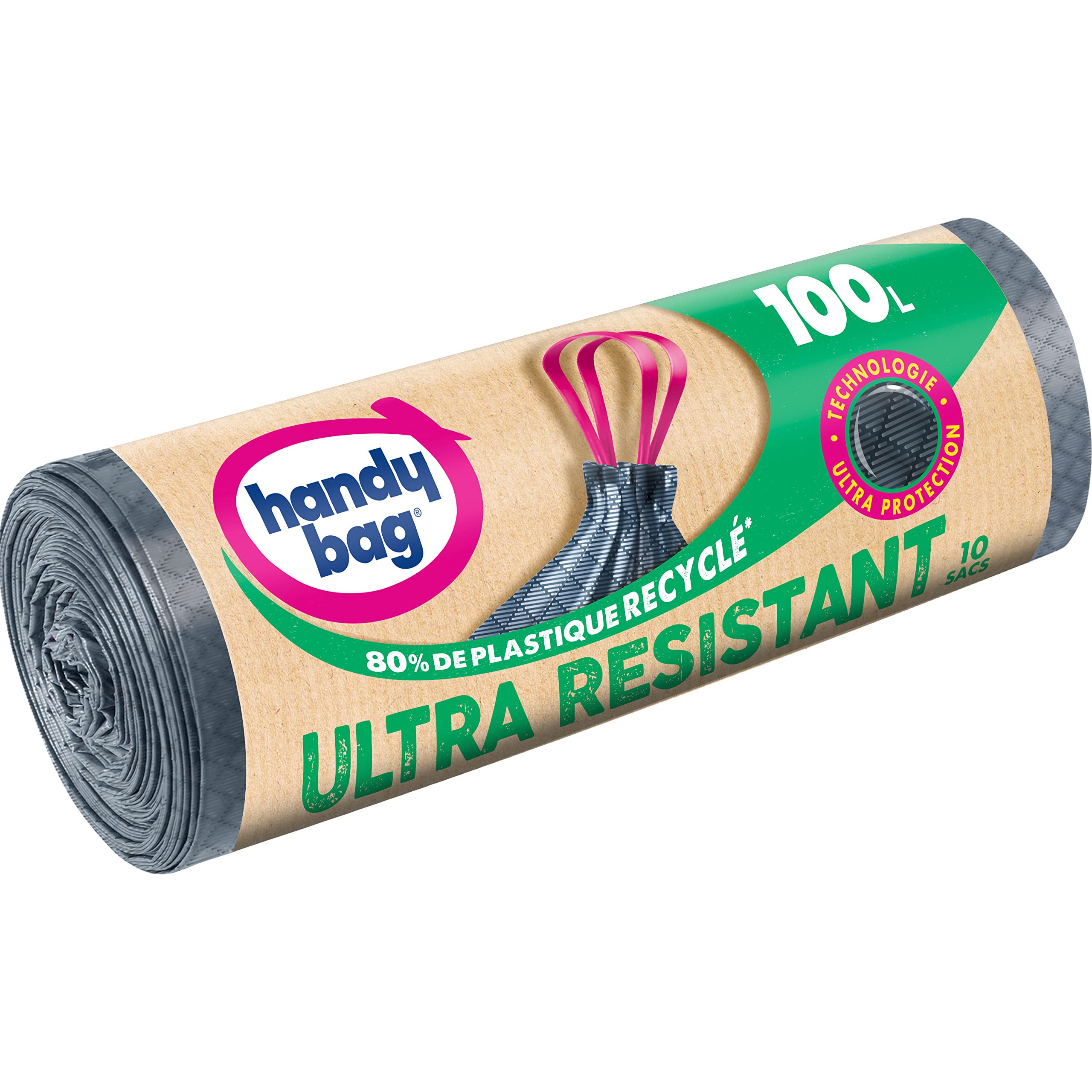 Handy Bag Zestaw 3 rolek 10 worków na śmieci 100 L, bardzo trwały, 80% z recyklingu tworzyw sztucznych, zamknięcie z przesuwanymi uchwytami, technologia ultra ochronna, potrójna grubość, zapobieganie