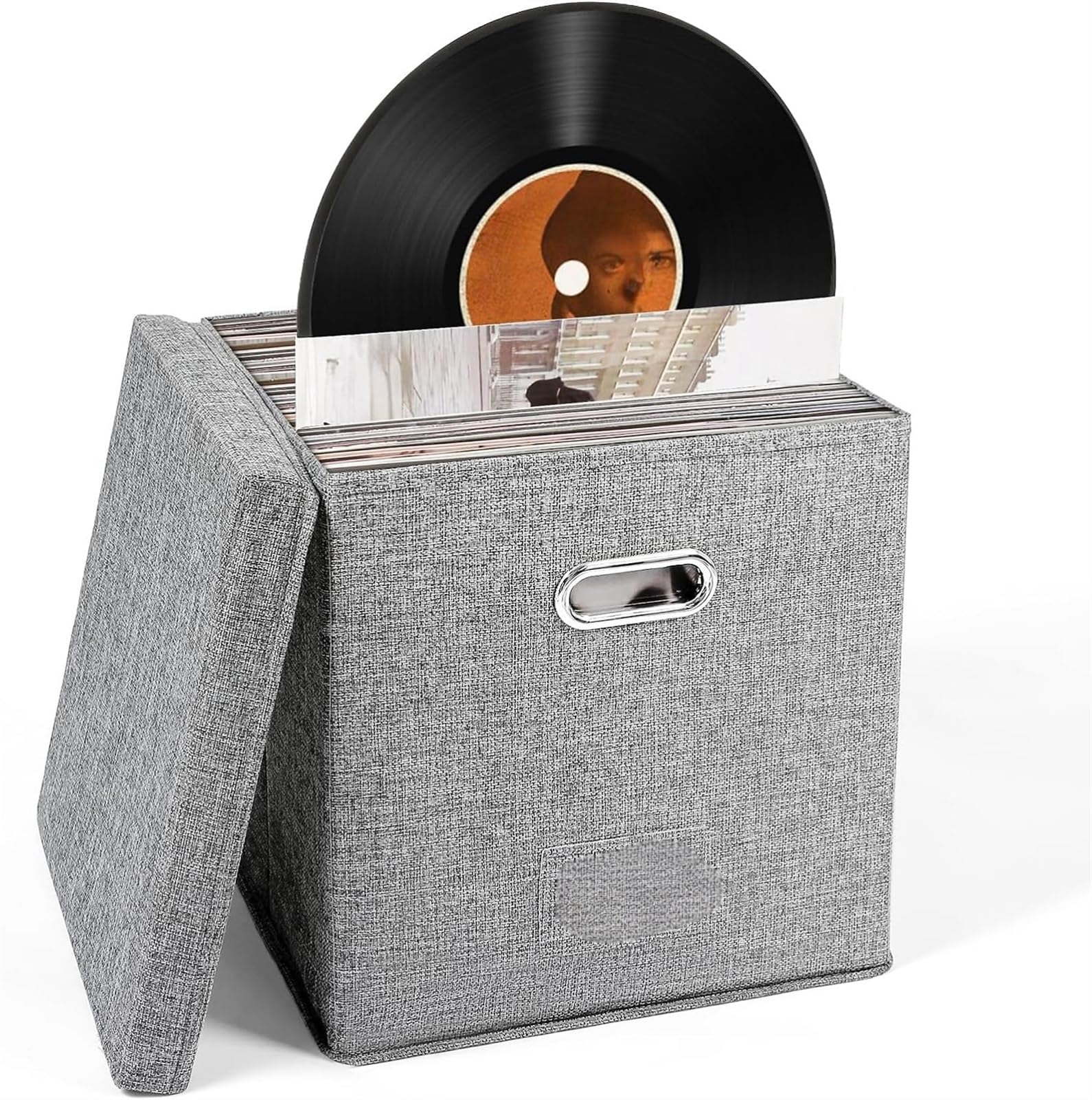THE WHITE SHOP Vinyl Record Storage Box Hold 50+ Albums Stackable LP Storage Bin with Lid Record Holder Protect Albums, CDs, Books, Magzine, Files