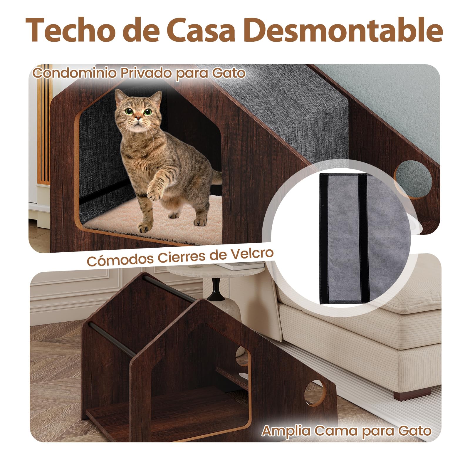 COSTWAY Casa para Gatos de Madera para Interior, 60x40x40 cmCaseta para Gatos con Comedero, Techo Desmontable y Lavable, Estructura Metálica, Villa de Estilo de Granja, Refugio Decorativo para Gatitos