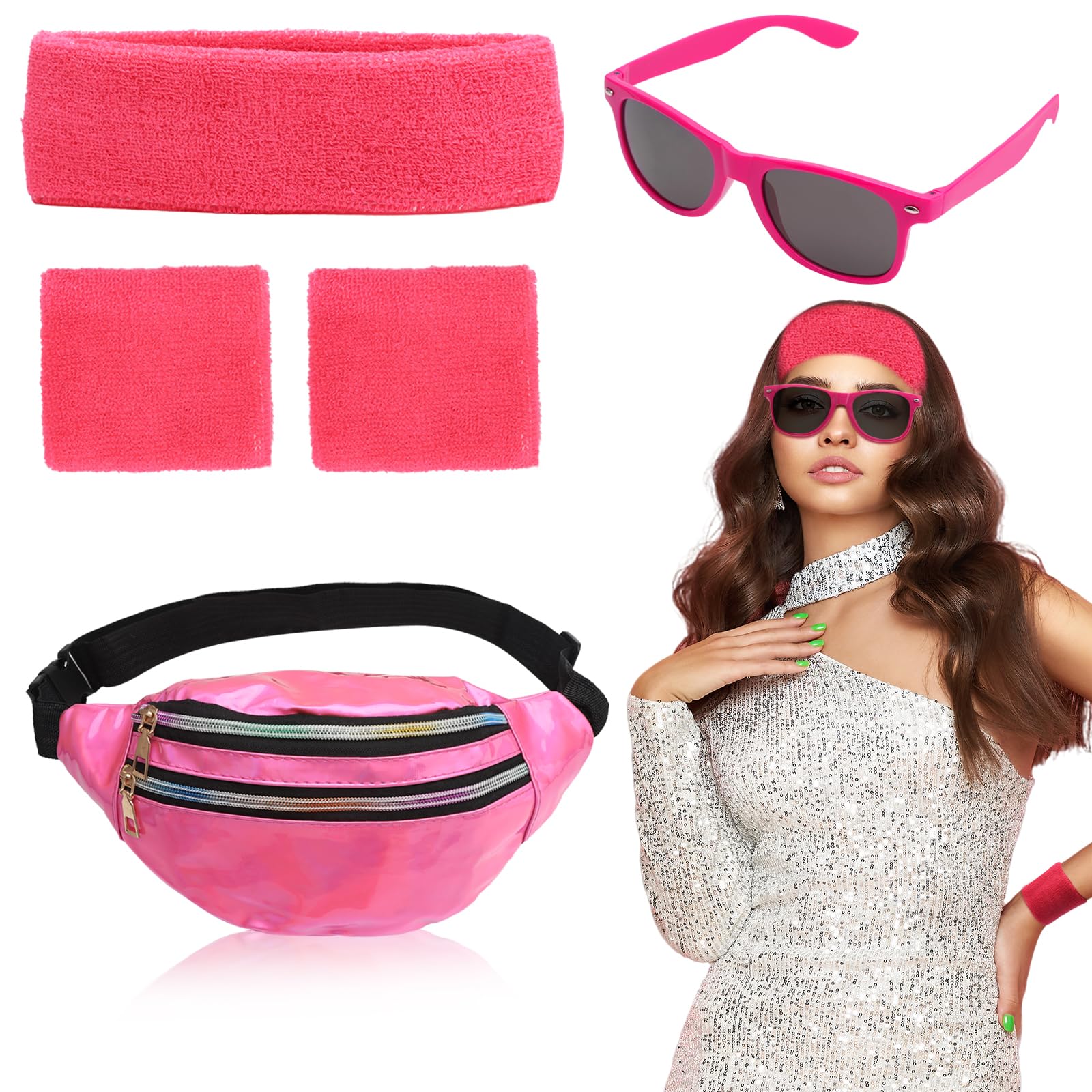 VOSSOT 80er Retro Party Set, Sportliches Stirnband, Armband, Gürteltasche und Brille, Pink, Halloween- und Weihnachtsparty-Accessoires für Erwachsene, Perfektes 80er Neon Party Outfit für Damen