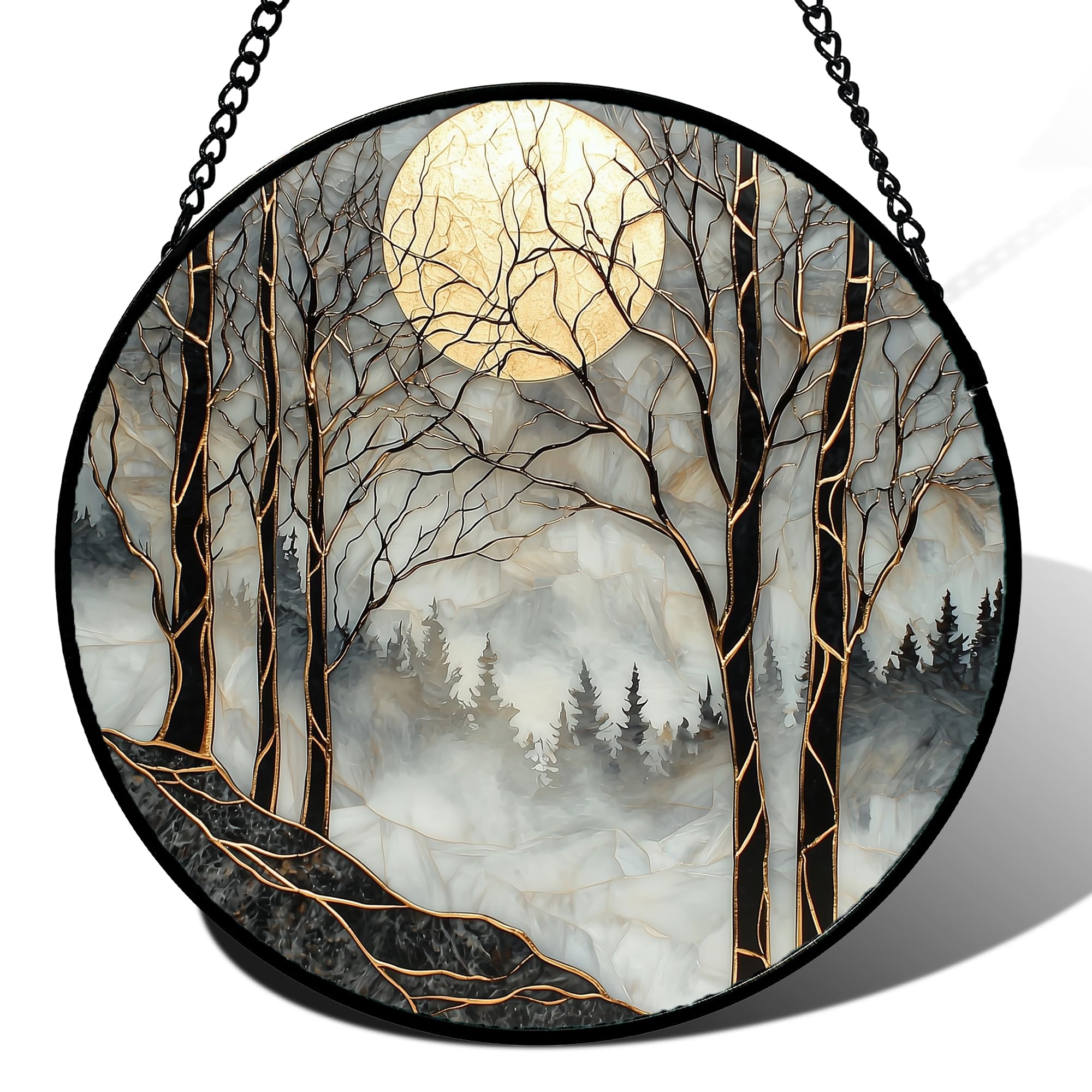 Stained Glass Window Hanging - Black and White Gold Moon Forest Sun Catcher for Door Home Decor Suncatcher