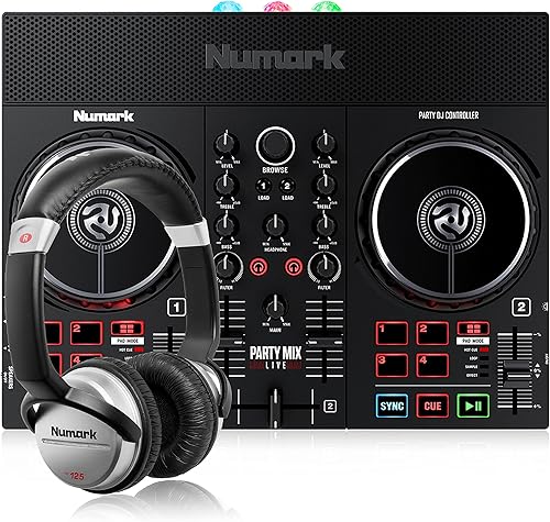 Numark Party Mix Live + HF125 - Controlador de DJSet de DJ para adultos y niños con luces de DJ, altavoces de DJ, mezclador de DJ y auriculares