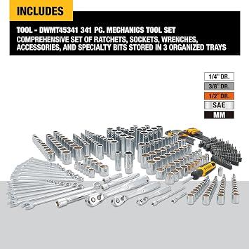 DEWALT Mechanics Tool Set, 1/4, 3/8, 1/2 Drive Tools and Combo Wrenches, 341 Piece (DWMT45341)