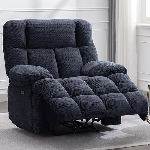 Oversized Power Zero Gravity Recliner Chairs for Adults, Electric Reclining 0 Gravity Chair for Big Man,Soft Fabric Overstuffed Single Recliners with USB Charger Port for Living Room, Blue