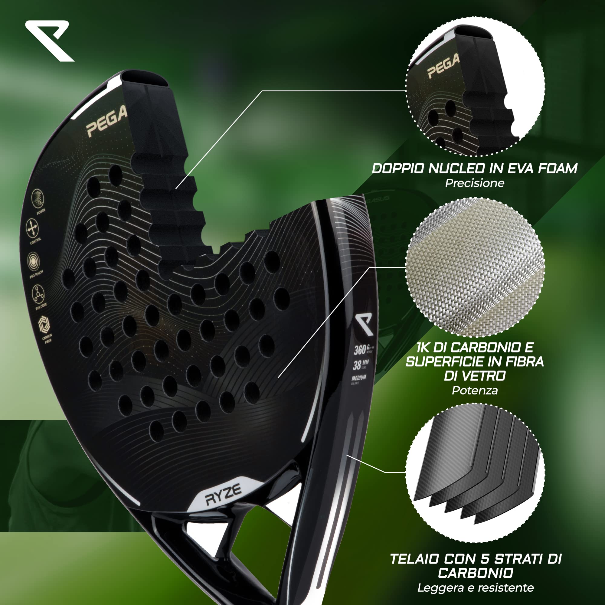 RYZE Racchetta da Padel 100% in Fibra di Carbonio - Massima Potenza + Controllo - con EVA-17 Flex - Struttura Leggera e Resistente - Padel Racchetta per Uomo e Donna - Custodia Inclusa