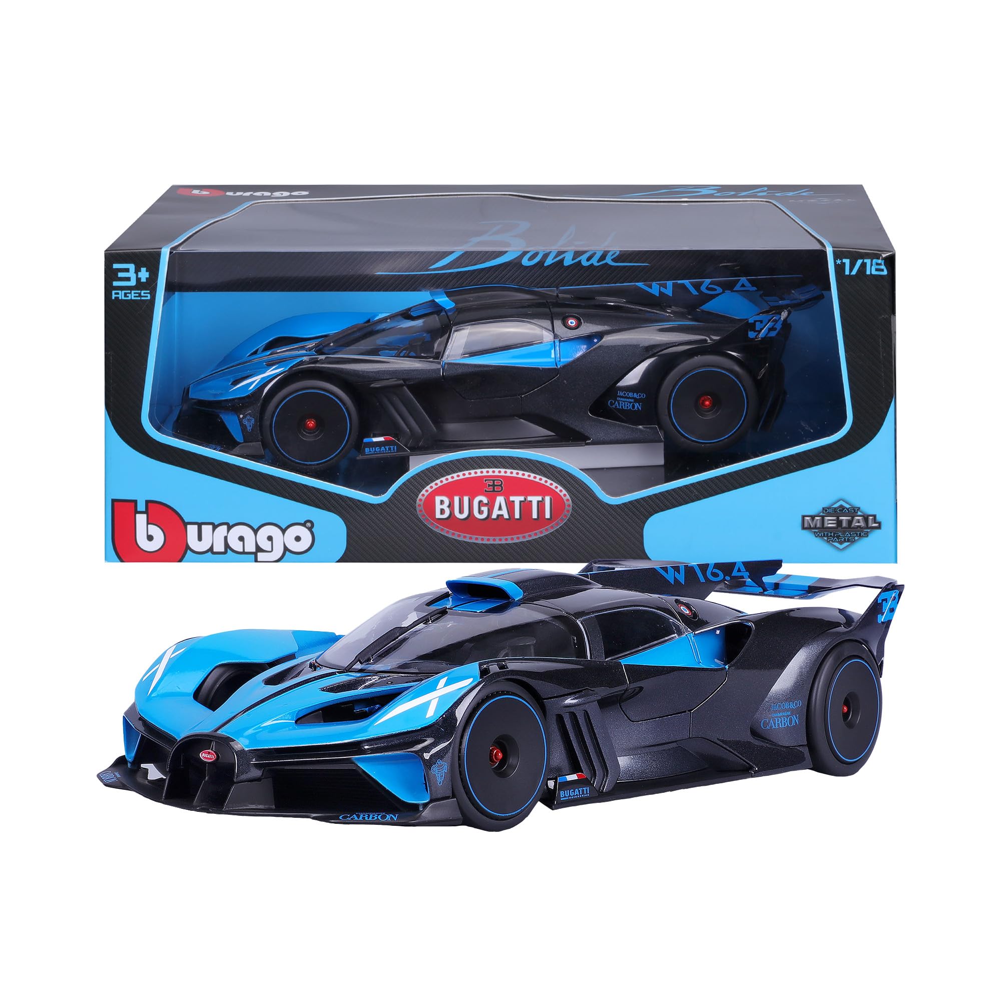 Bburago Modellauto Bugatti Bolide 1:18 – blau-schwarz, bewegliche Türen