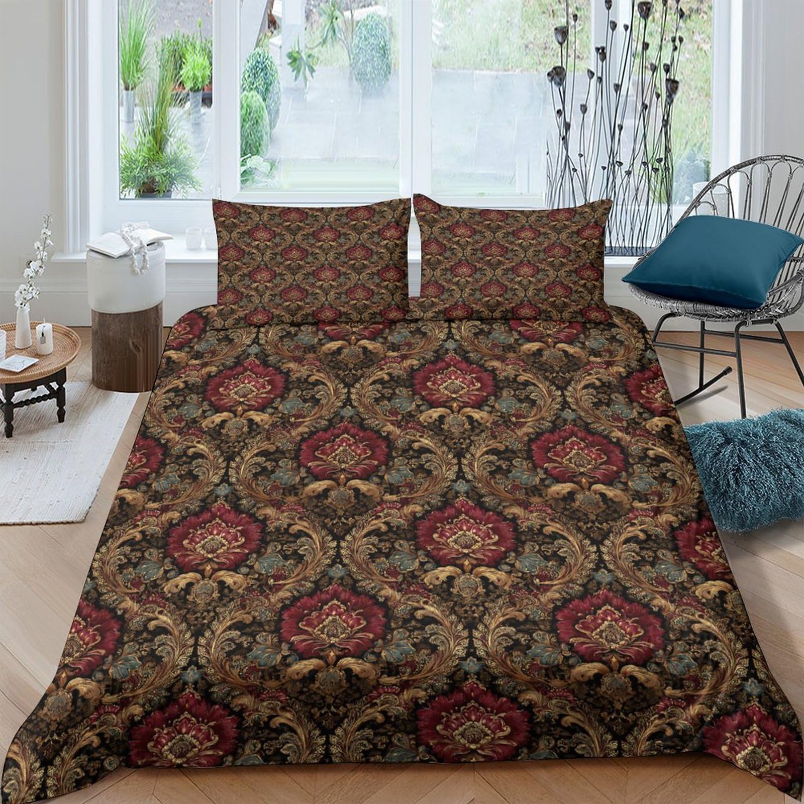 GPLZQXKJNH 3D Printed Vintage Baroque Duvet Cover Microfiber Breathable Red Ornamental Bedding Set with 2 Pillowcases for Bedroom Decor, Single（135x200cm）