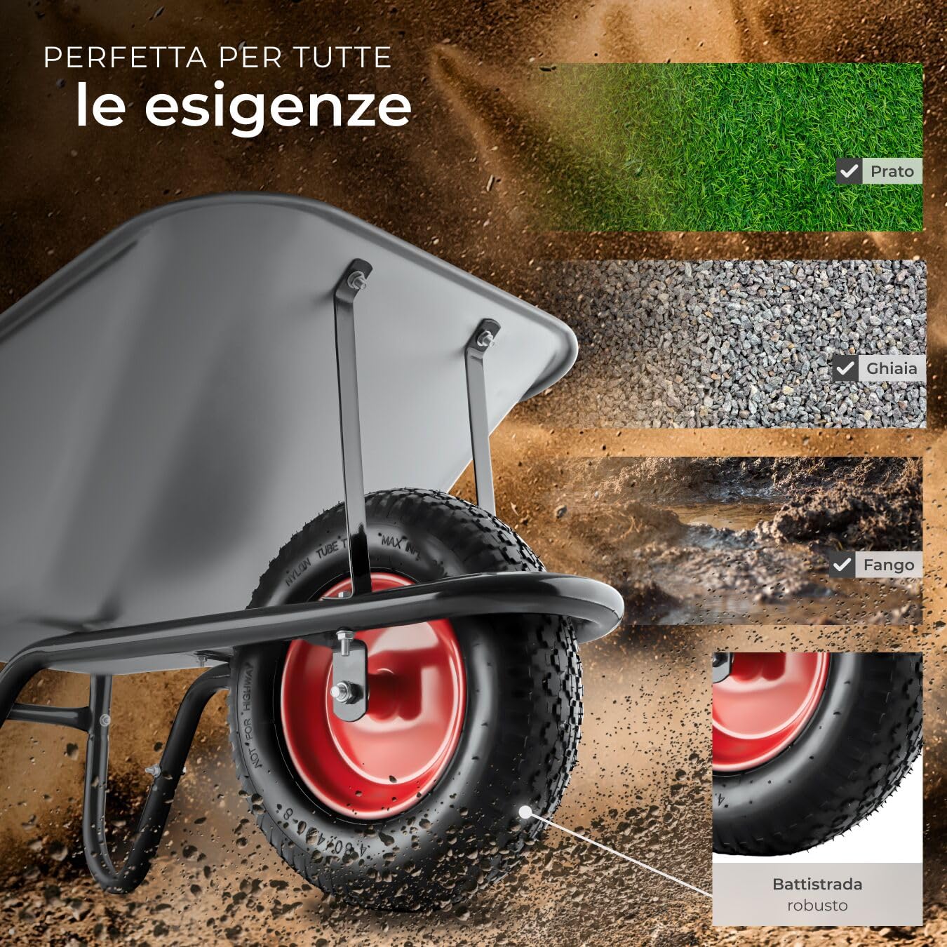 tectake® Carriola da Giardino, Volume 100L, Carico Max 250kg, Carrello da Giardino Porta Attrezzi, Vasca Zincata con 2 staffe di Rinforzo, Pneumatici Con Cerchio in Metallo Ø 38 cm, Manici Antiscivolo