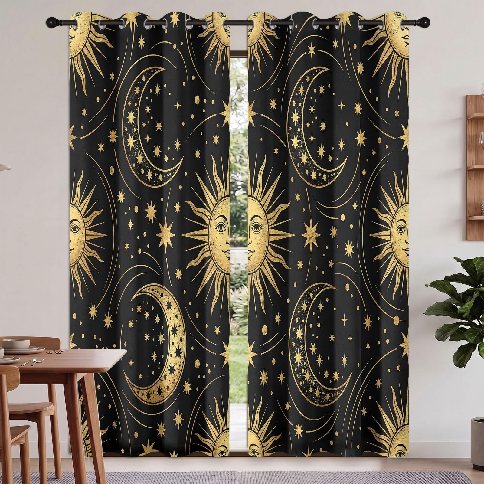 Rideaux Occultants Espace Fantaisie 75L X 166H cm (2 Panneaux), Isolation Thermique Fixation par Oeillets Soleil & Lune Vintage pour Chambre À Coucher, Noir Doré