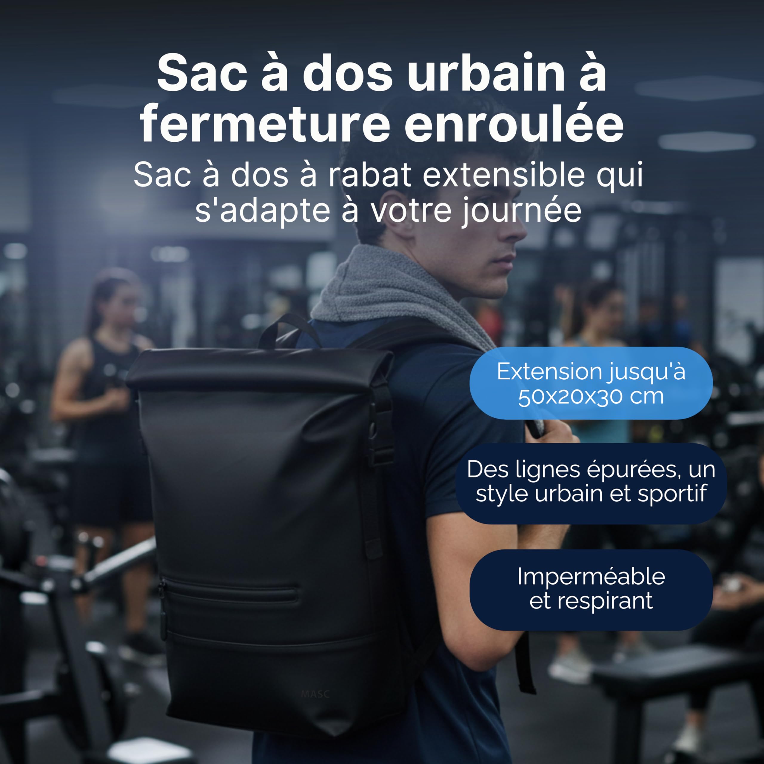 MASC Sac à dos Rolltop pour bureau, sac à dos de travail, porte-PC 17 pouces, élégant et imperméable, parfait pour homme et femme