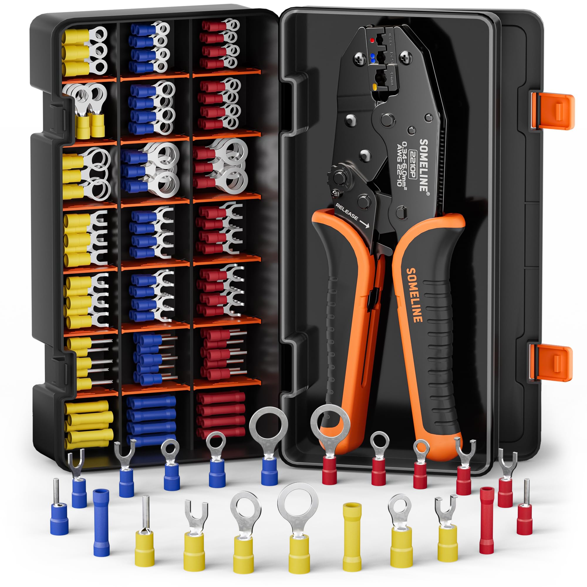 SOMELINE Crimping Tool for Insulated Electrical Wire Connectors Kit, with 21 Sizes PVC Insulated Wire Terminals and 22-10 AWG Ratchet Crimping Pliers – for Automotive & Electrical Repairs