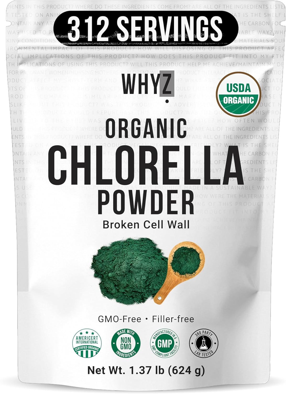 Organic Chlorella Powder, Raw, Premium Superfood Rich in Vegan Protein & Chlorophyll, Non-GMO, Vegan-Friendly Supplement, 312 Servings, 1.37 lb (624g)