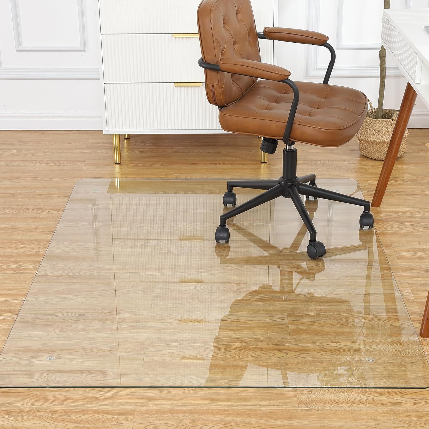 Chair Mat, Tempered Glass Chair Mat 55 x 46 x 2.1 in, Clear and Easy Slippage Office Desk Glass Mat for Protects Carpet or Hardwood Floor