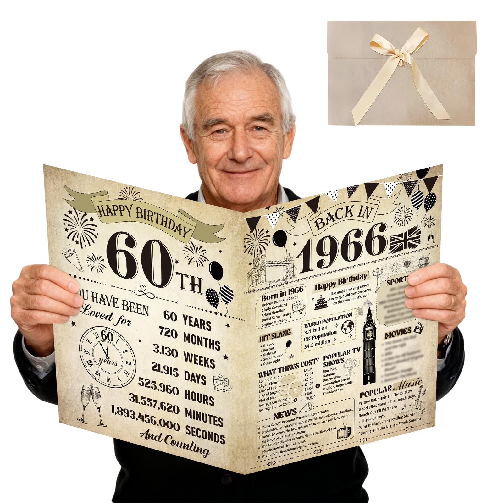 Large 60th Birthday Card for Men Women - Vintage Back in 1966 60th Birthday Greeting Card with Envelope Jumbo Guest Book Cheers to 60 Years Birthdays Gift for Women Men 60 Year Old Party Decorations