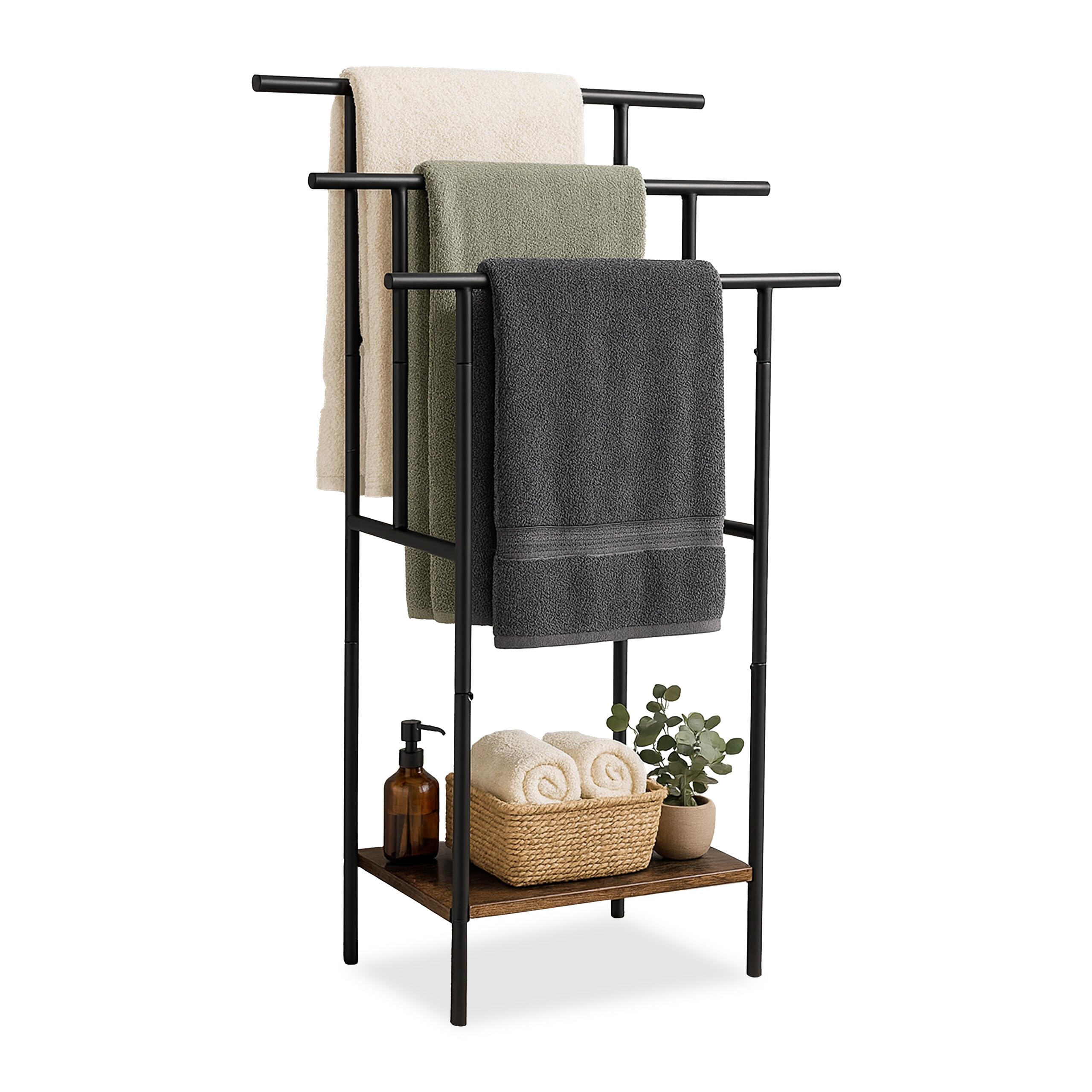 Porte-Serviettes Relaxdays sur Pied, 3 Barres/étagère, 100 x 68 x 30 cm, Style Industriel, Brun/Noir