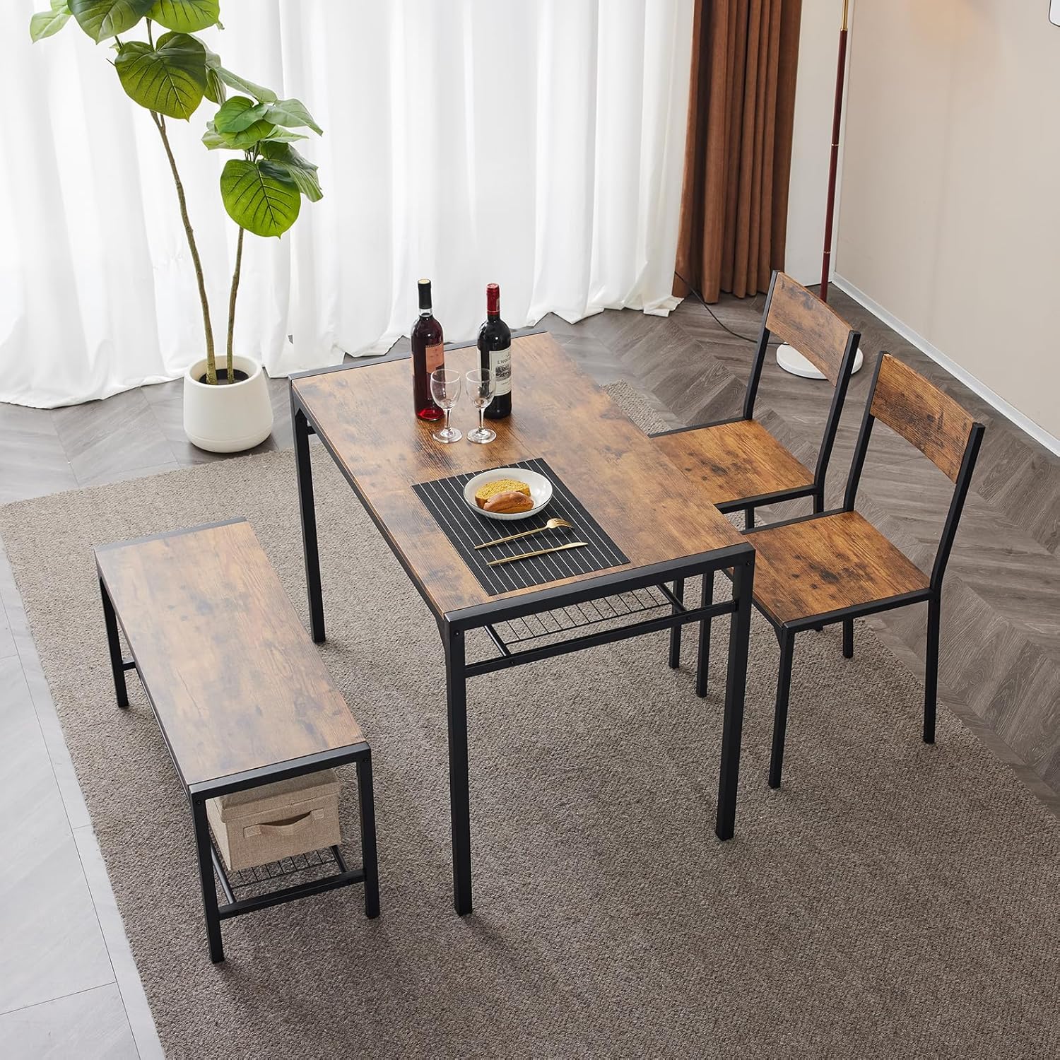 Karl home 4-Piece Dining Table Set for 4, Modern Kitchen Table Chairs Set for Small Space,Apartment, Storage Rack, Rectangular Table, Bench, 2 Chairs, Metal Frame-Retro Brown
