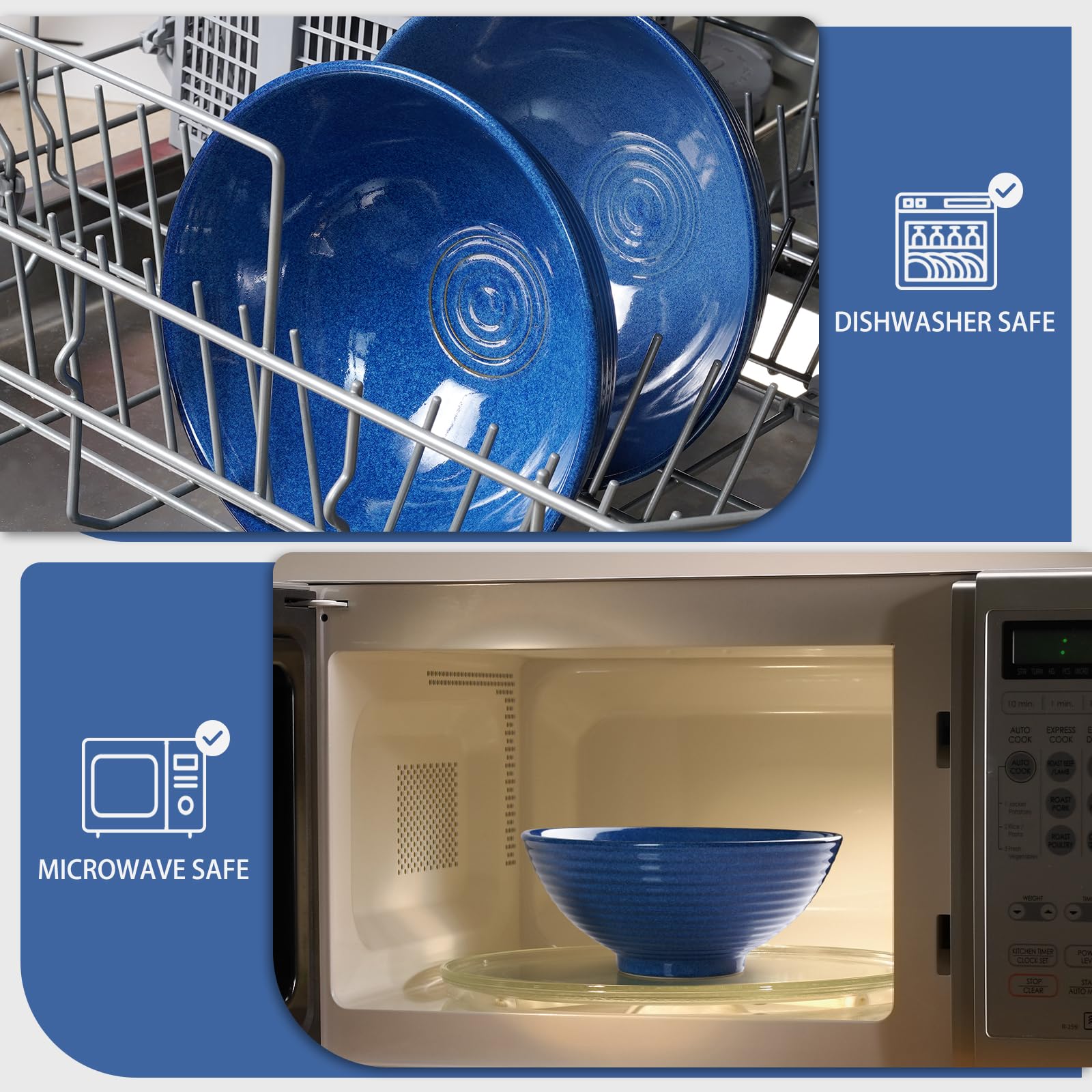 NUTRIUPS Lot de 2 bols à ramen en céramique de 20,3 cm avec cuillères et baguettes (bleu saphir)