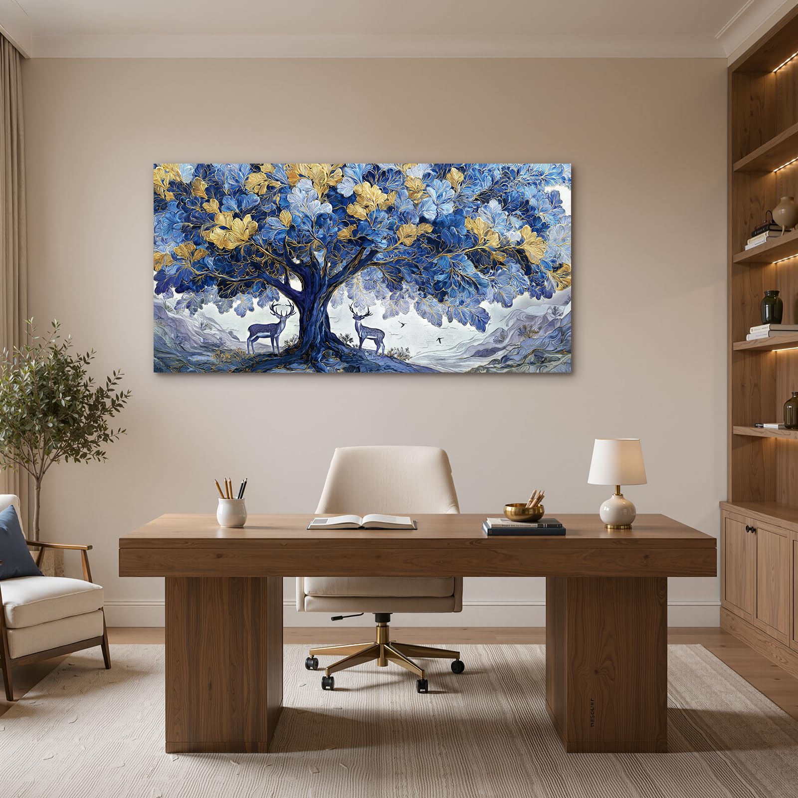 SERIMINO Cuadros Decoracion Arbol de la Vida Grandes Naturaleza 73x146 cm | Frondas Ciervos Montañas, Impresión Hd, Lienzo Bastidor Madera Maciza, Montaje Sencillo, Regalo Decorativo