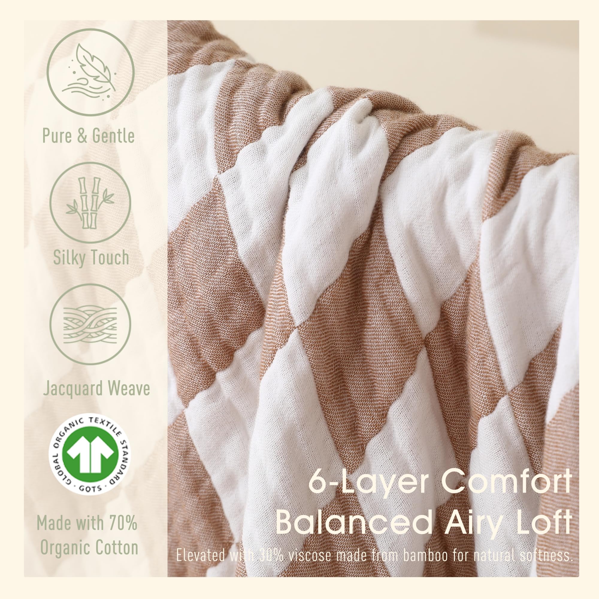 Manta de muselina de bambú de 6 capas de algodón de gasa, manta de recepción suave para bebé, manta de cama para bebé (cuadros café)