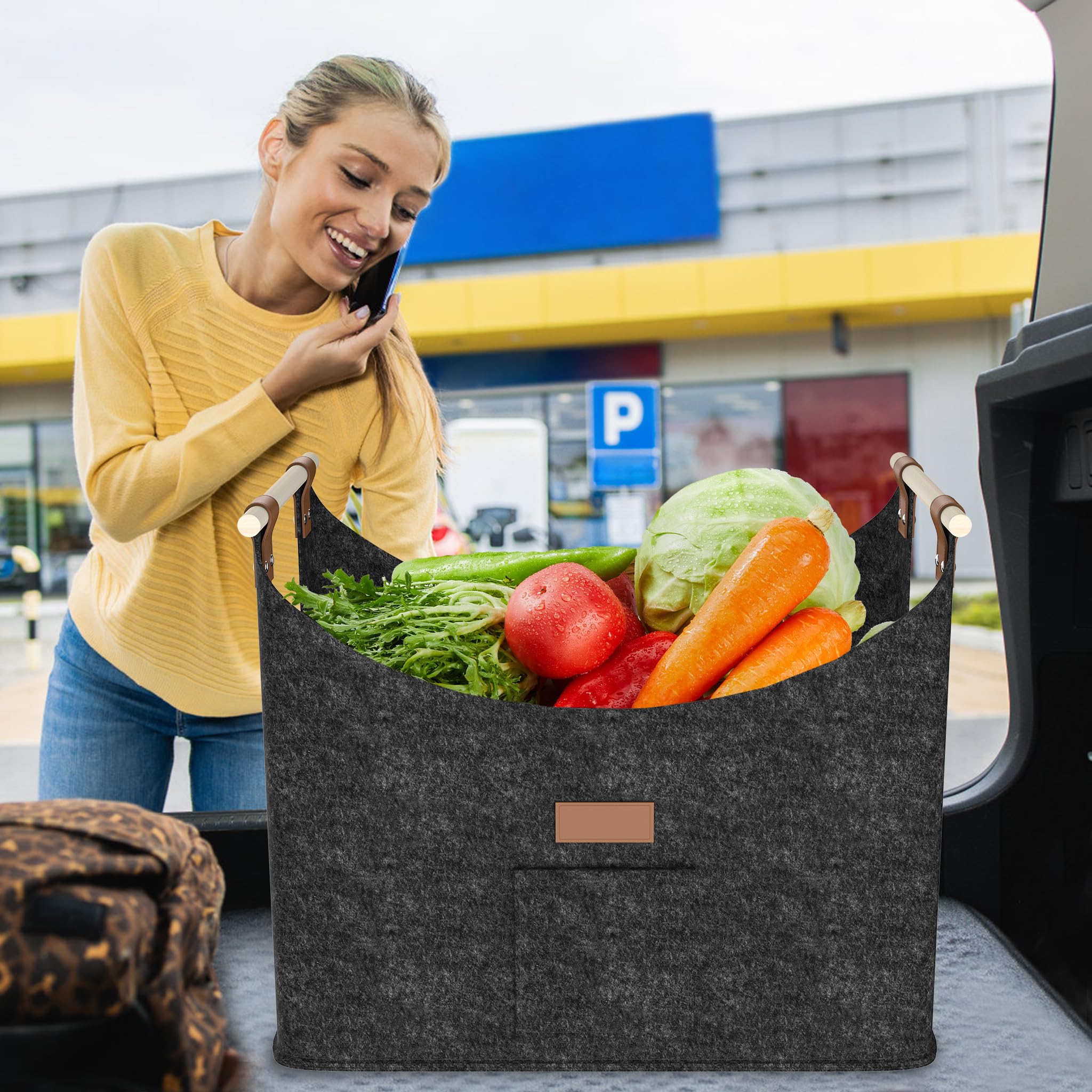 4 Stück Groß Filz Holzkörbe 60 Liter Faltbare Einkaufstaschen | Multifunktion Kaminholztasche mit Holzgriff Vliesstoff Aufbewahrung Tasche bis 40KG für Brennholz Einkaufen (Grau)